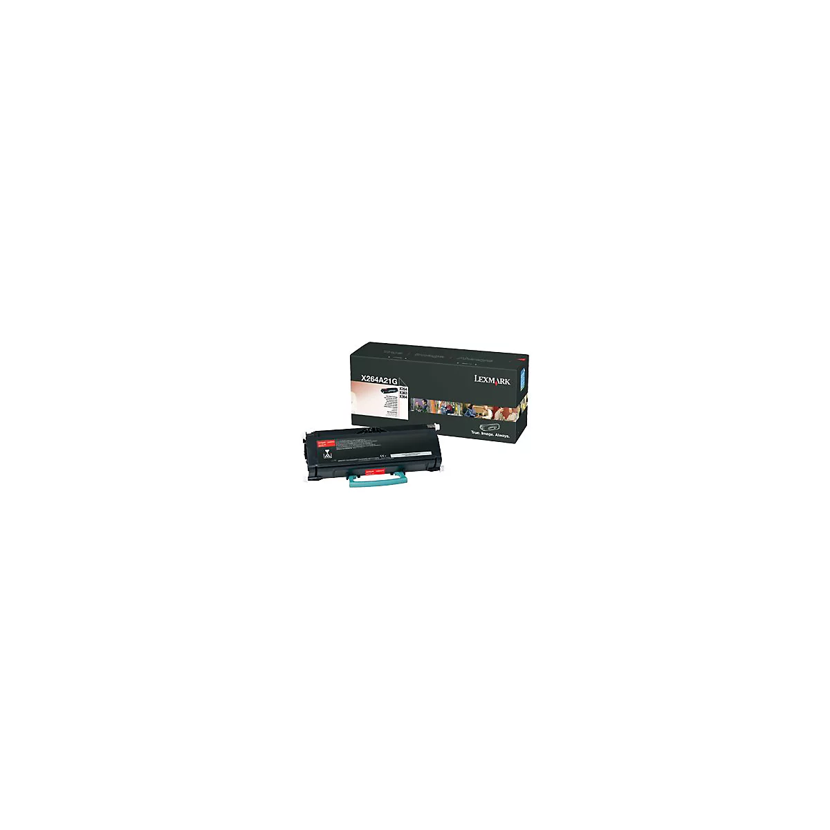 Schwarze Lexmark-Tonerpatrone und Karton. Aufschrift: X264A21G.