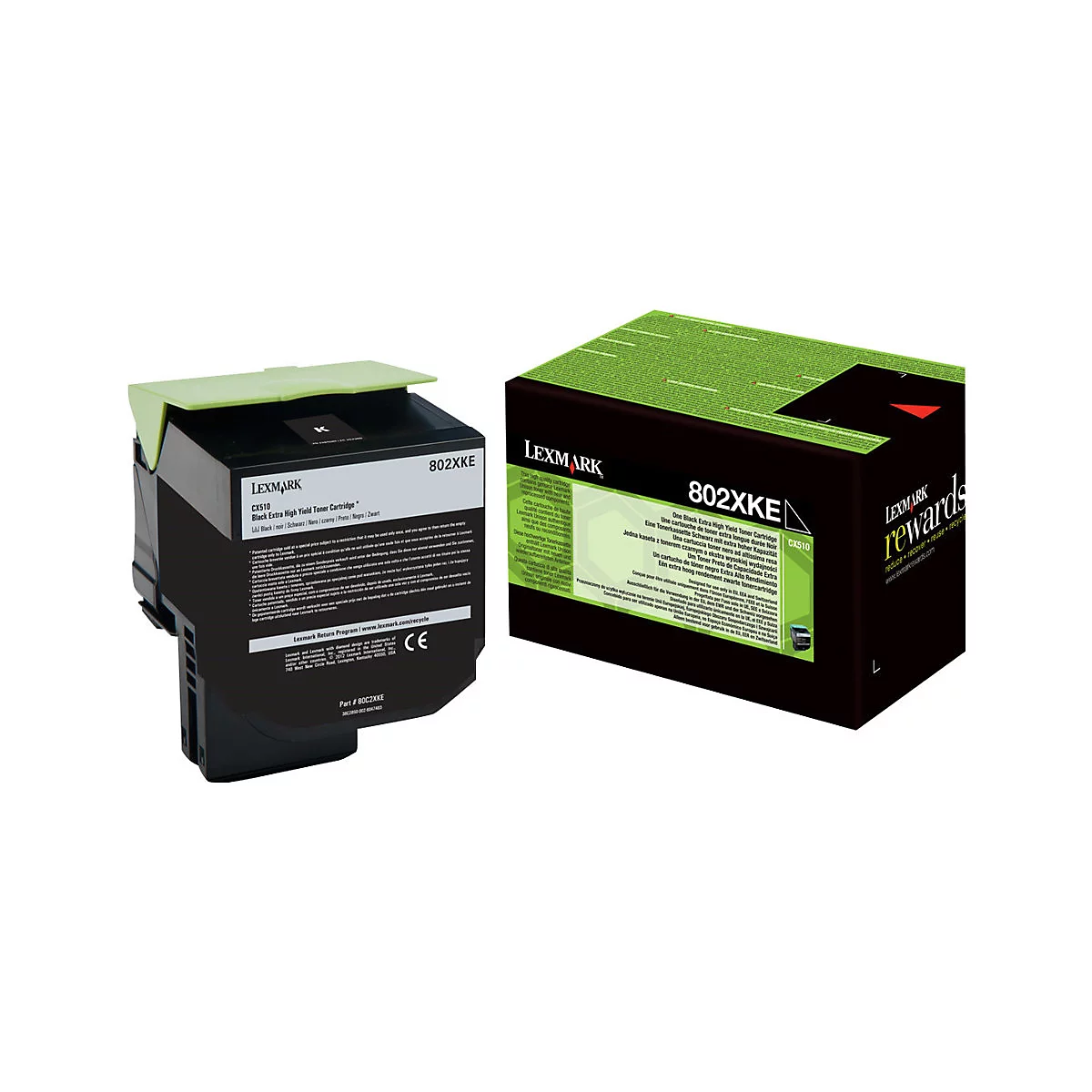 Eine schwarze Lexmark 802XKE Tintenpatrone und die Verpackung stehen nebeneinander.