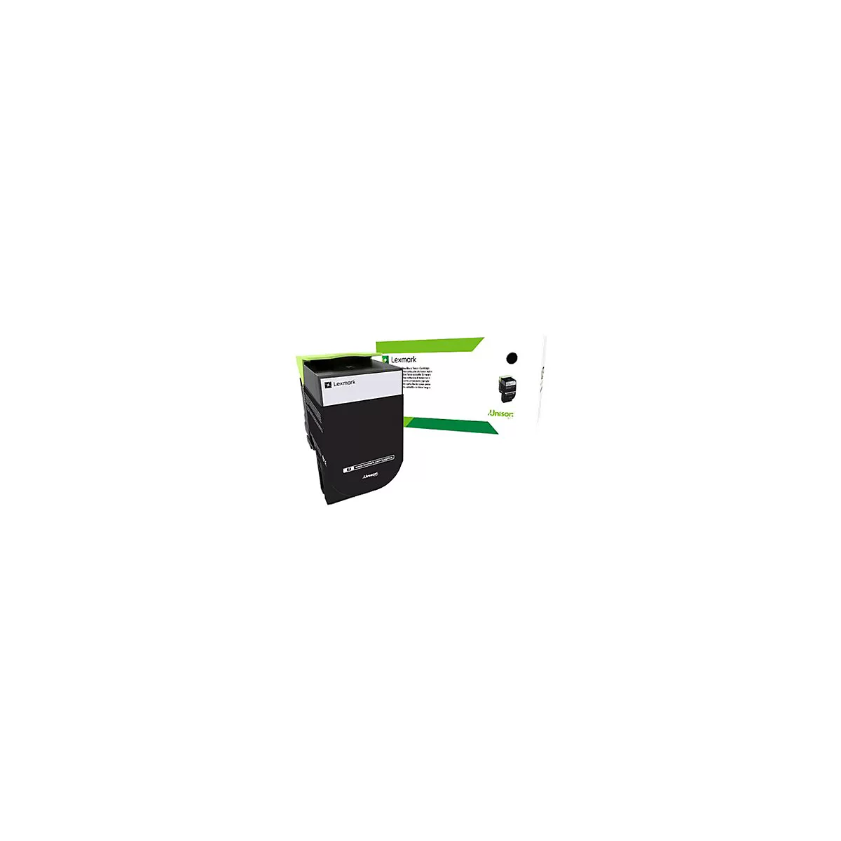 Schwarze Lexmark-Tintenpatrone mit Produktverpackung, Marke und Modellbezeichnung sind gut sichtbar.