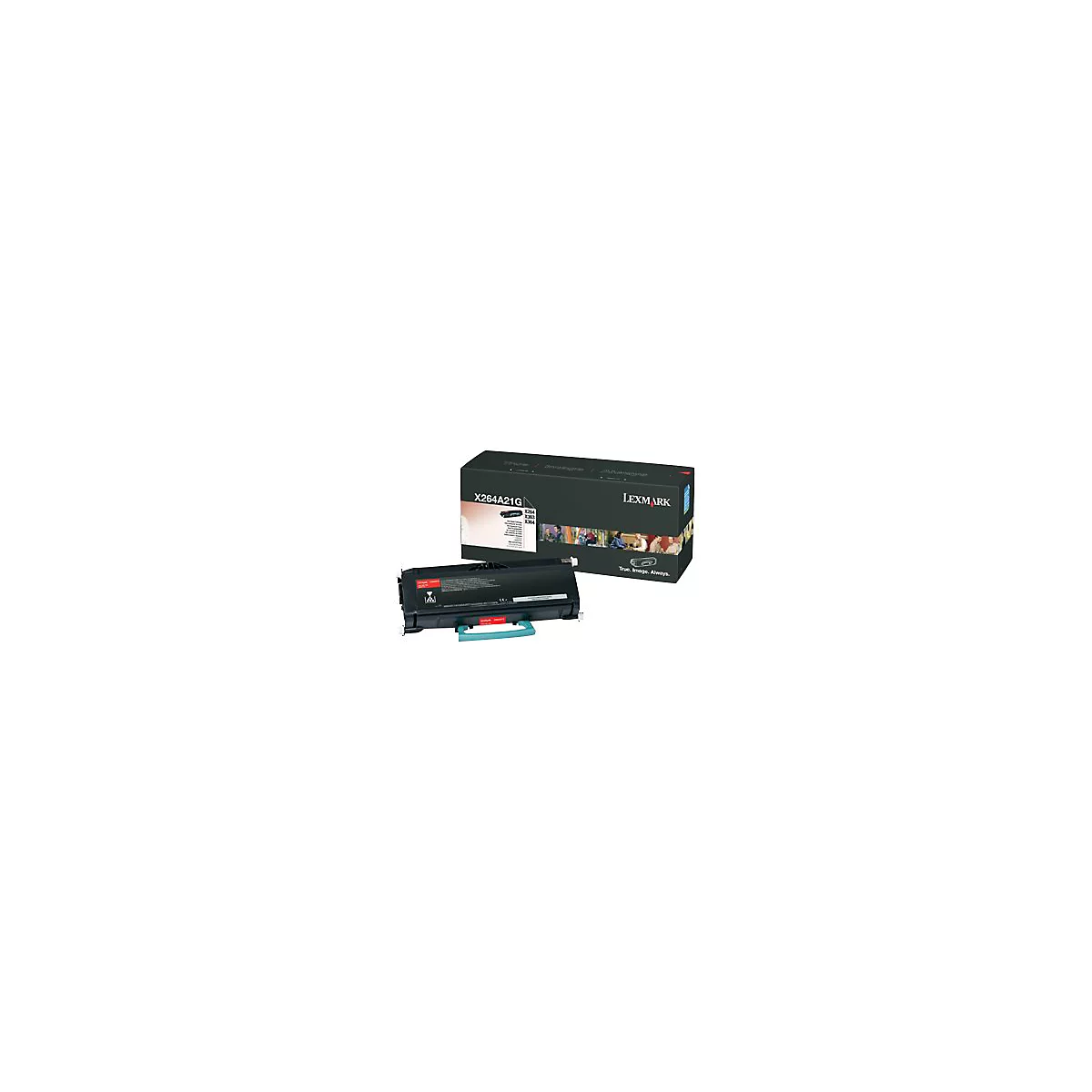 Schwarze Lexmark Tonerpatrone mit Verpackung. Aufdruck: X264A21G.