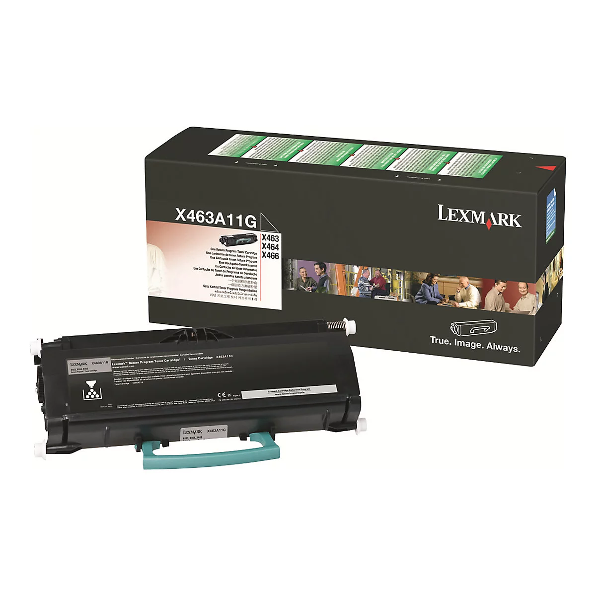 Schwarzer Lexmark-Toner und -Verpackung. Auf der Verpackung steht „X463A11G“ und „LEXMARK“.