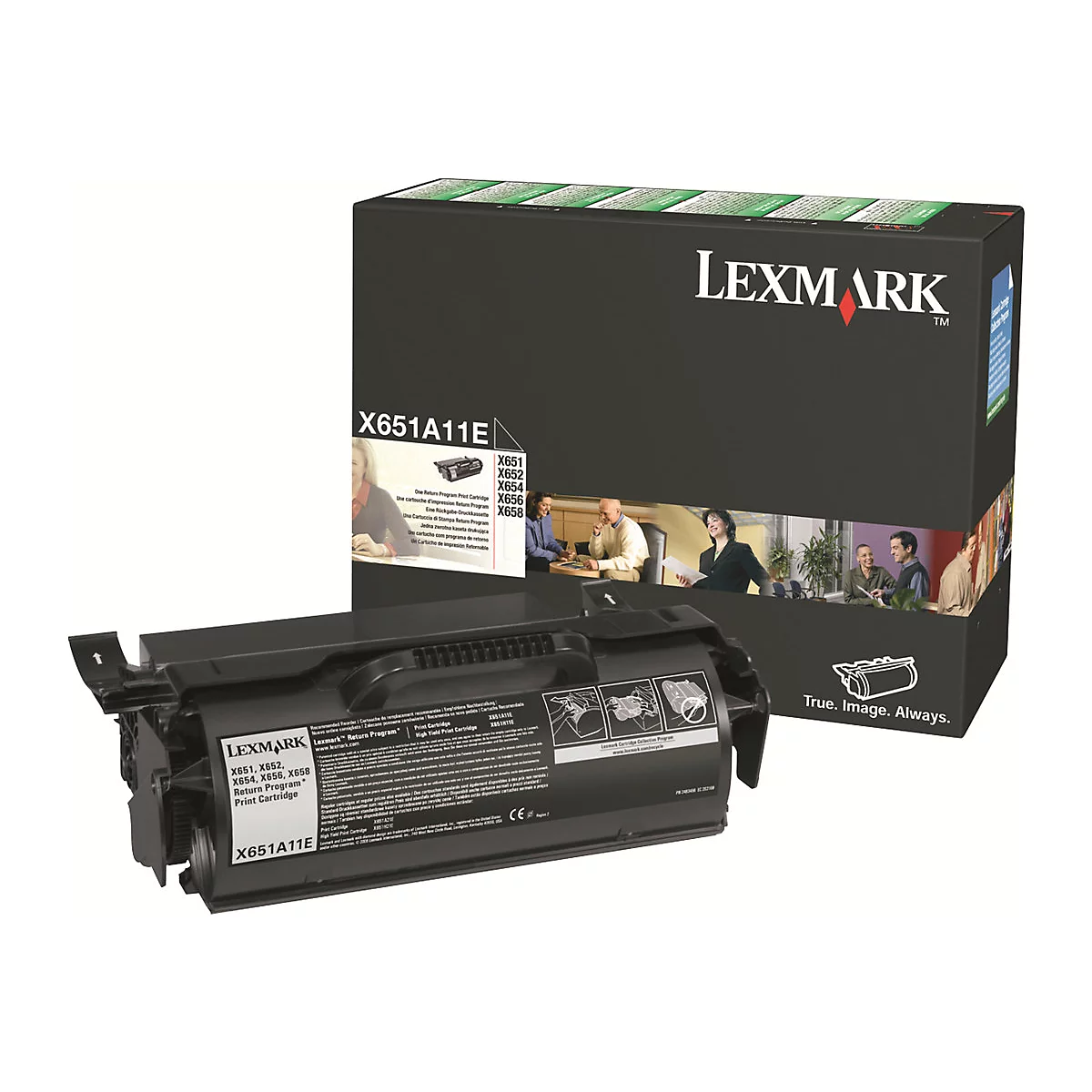 Lexmark Tonerkartusche X651A11E vor der zugehörigen schwarzen Produktverpackung auf weißem Hintergrund.