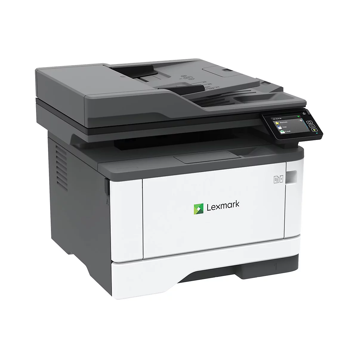 Lexmark Laserdrucker in Weiß und Grau mit Touchscreen-Display vor weißem Hintergrund.