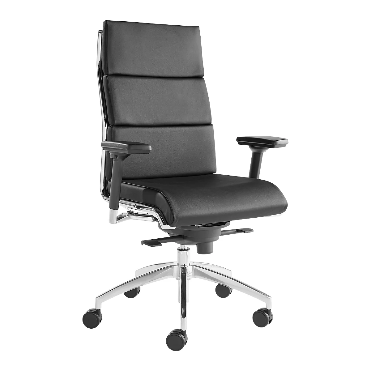 Leyform Chefsessel Origami, mit 3D T-Armlehnen, Knie-Wippmechanik, Flachsitz, Anti-Shock-Funktion, Leder, schwarz/silber