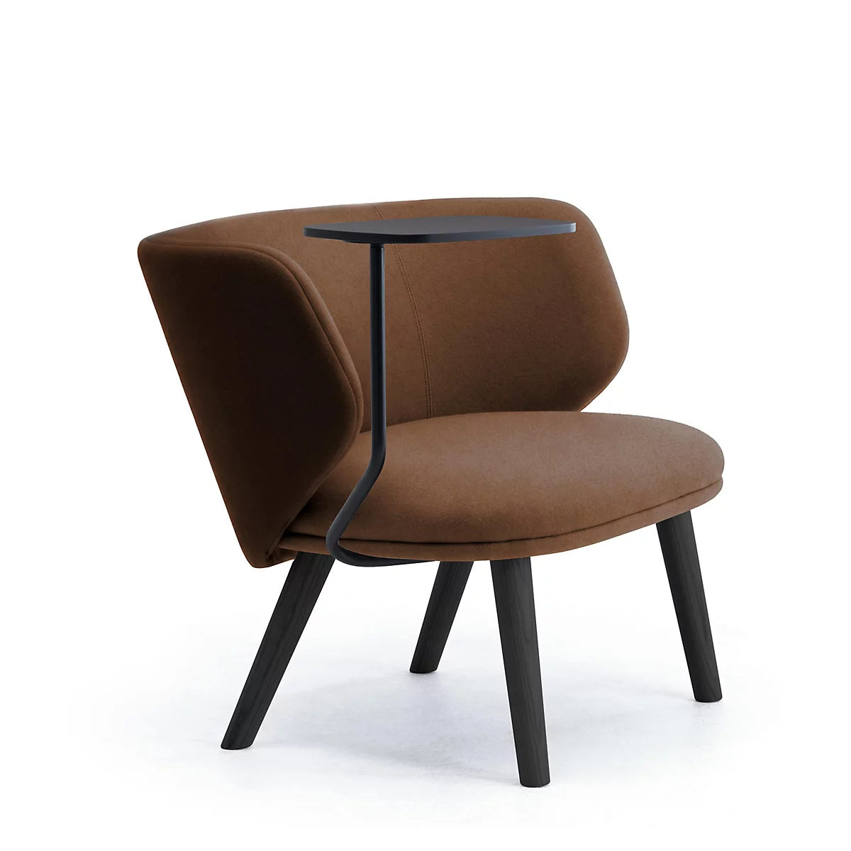 Brauner Sessel mit Stoffbezug, schwarzen Holzbeinen und integriertem kleinen, schwarzen Laptoptisch an der Seite.