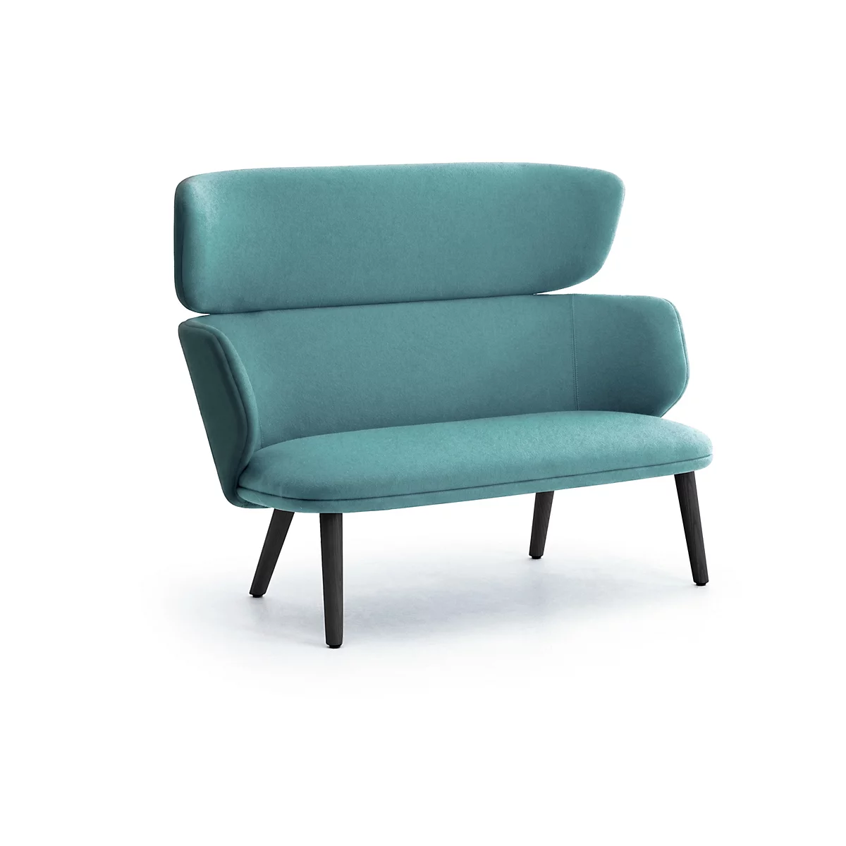 Modernes Sofa in Türkis mit hoher Rückenlehne und schwarzen Holzbeinen vor weißem Hintergrund.
