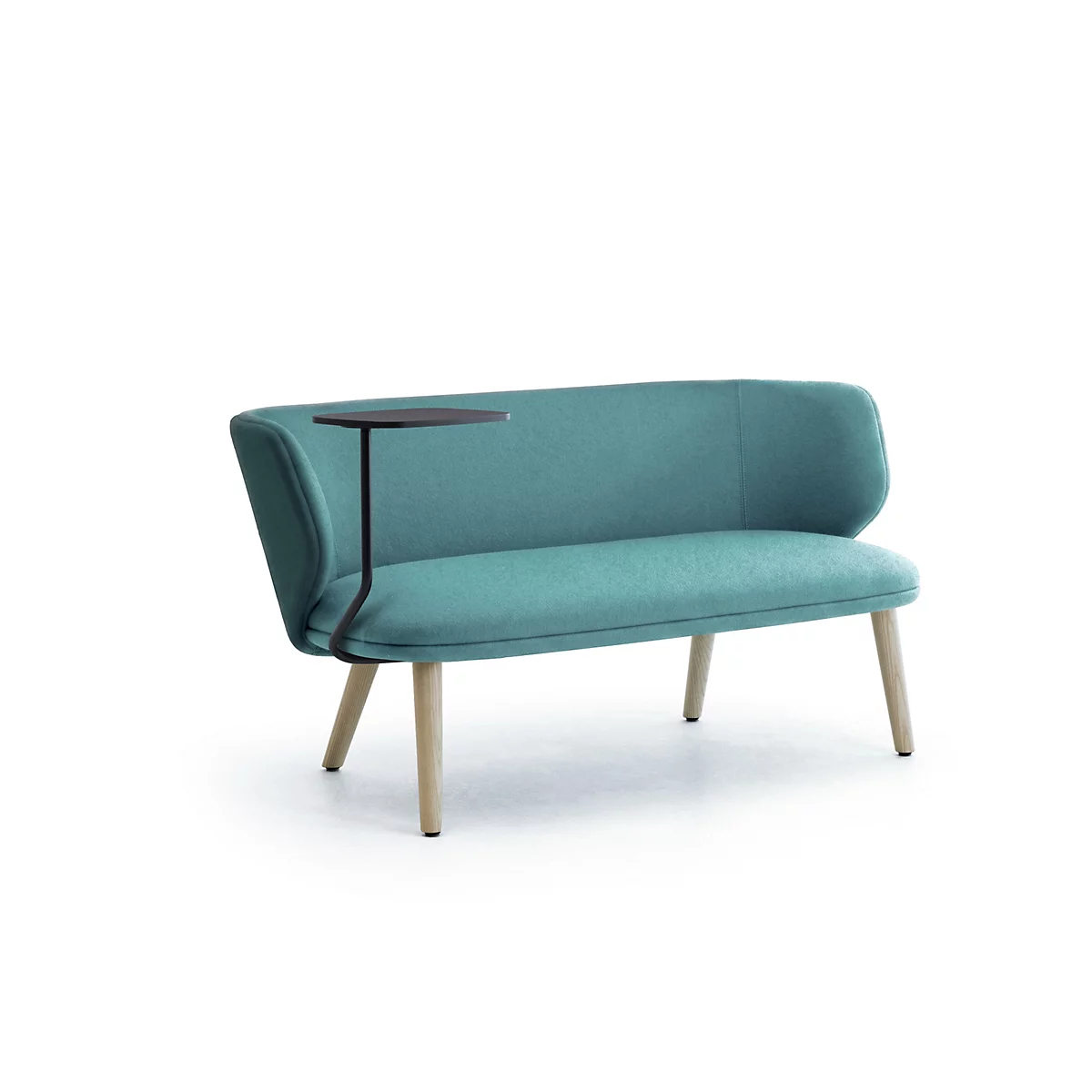 Türkisfarbenes Zweisitzer-Sofa mit integriertem schwarzem Beistelltisch und hellen Holzbeinen vor weißem Hintergrund.