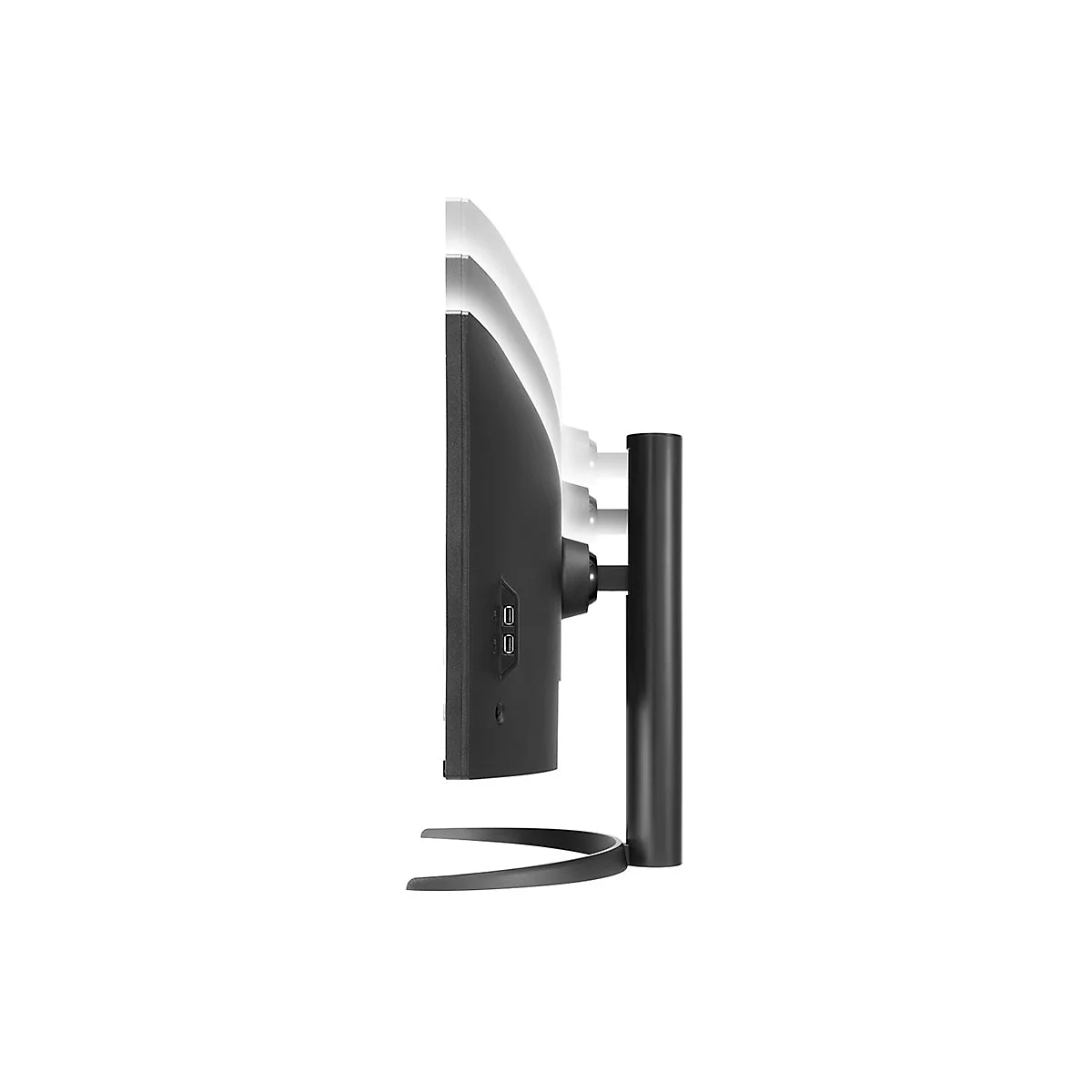 Seitenansicht eines schwarzen Monitors mit geschwungenem Standfuß, zwei Anschlüssen und verstellbarem Display.