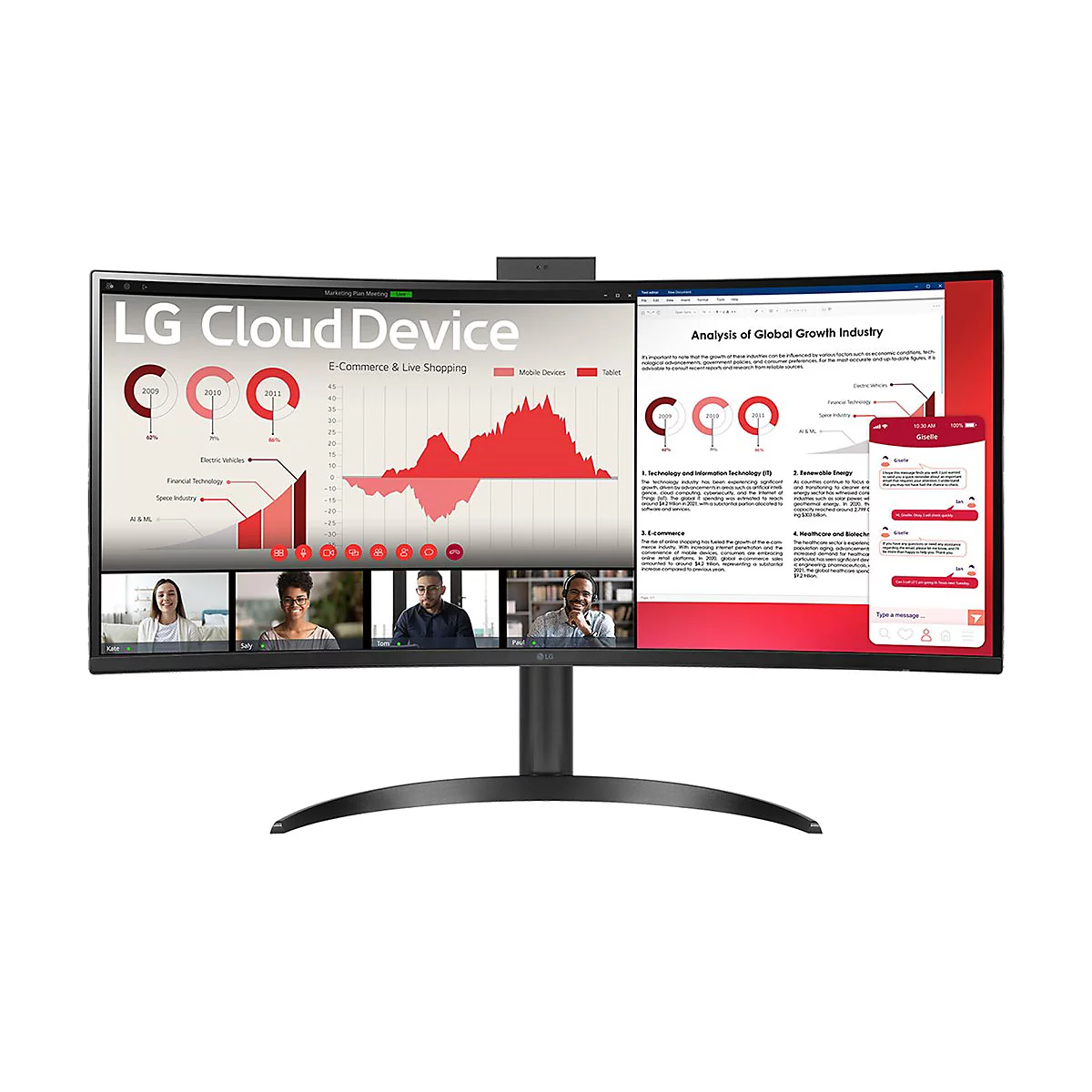 Ein gebogener LG-Monitor mit Videokonferenz, Grafiken und Diagrammen, die die Analyse des globalen Wirtschaftswachstums zeigen.
