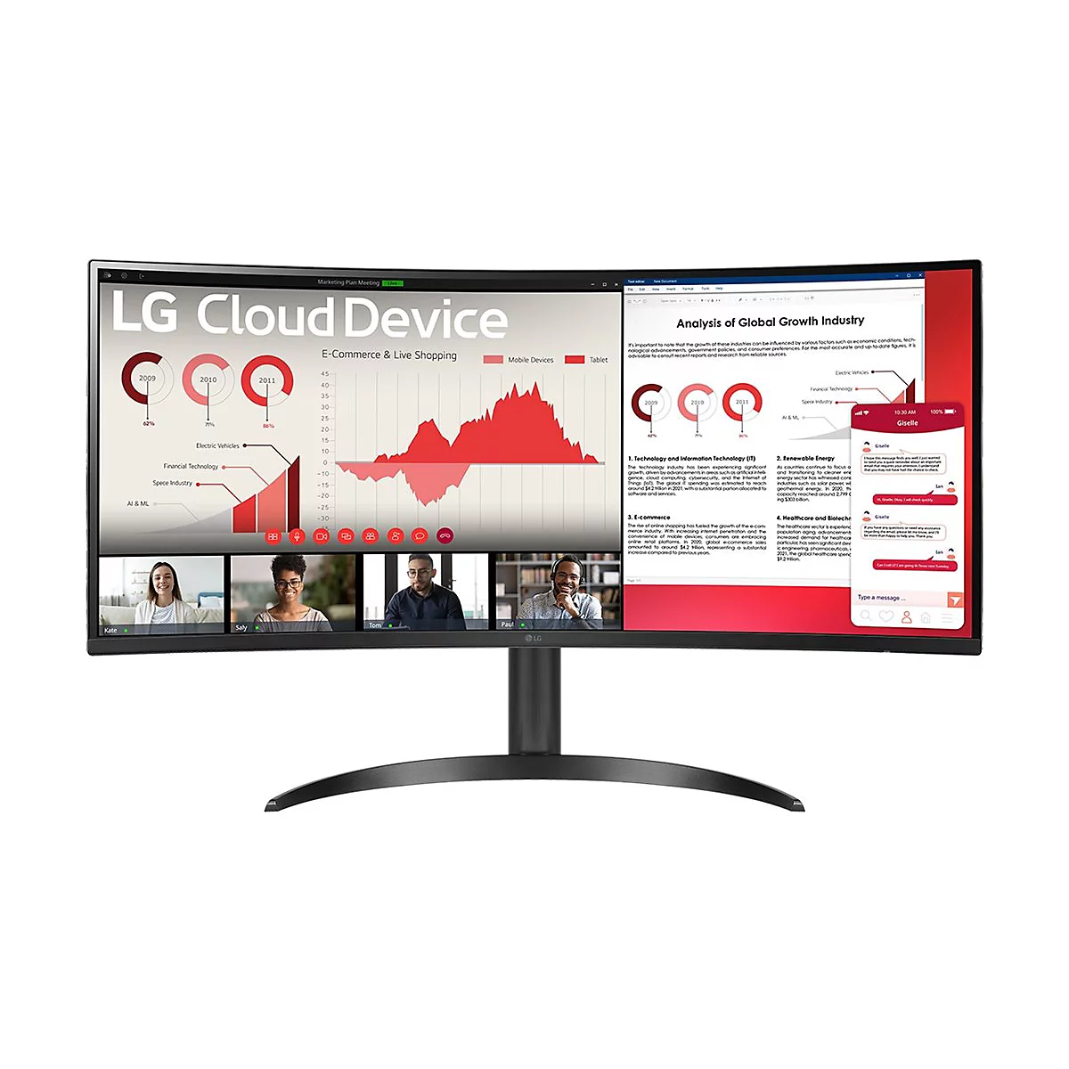 Ein gekrümmter LG-Monitor zeigt ein Online-Meeting, eine Analyse der globalen Wachstumsindustrie und eine Chart-Grafik.