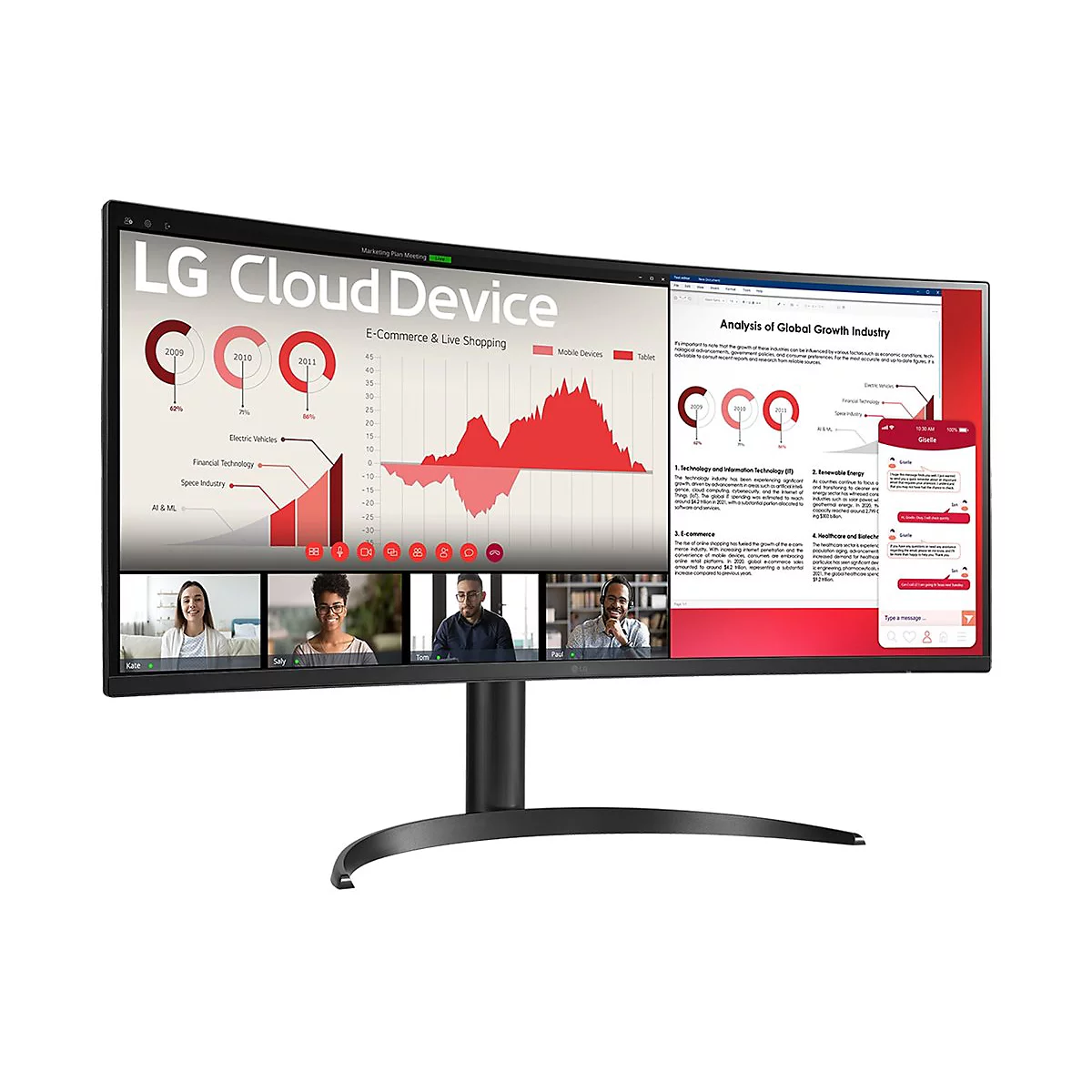 Ein LG Cloud Device-Monitor, auf dem eine Online-Besprechung mit Diagrammen und einer Messaging-App zu sehen ist. Vier Personen nehmen an der Besprechung teil.
