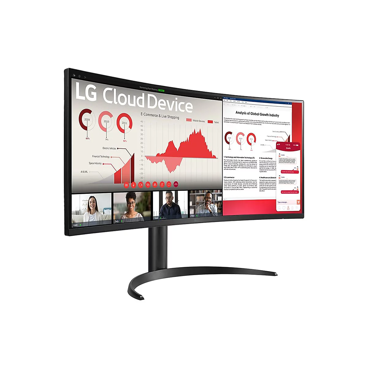 Ein gebogener LG-Monitor zeigt eine Präsentation und eine Videokonferenz. Diagramme, Tabellen, Personen in der Konferenz.