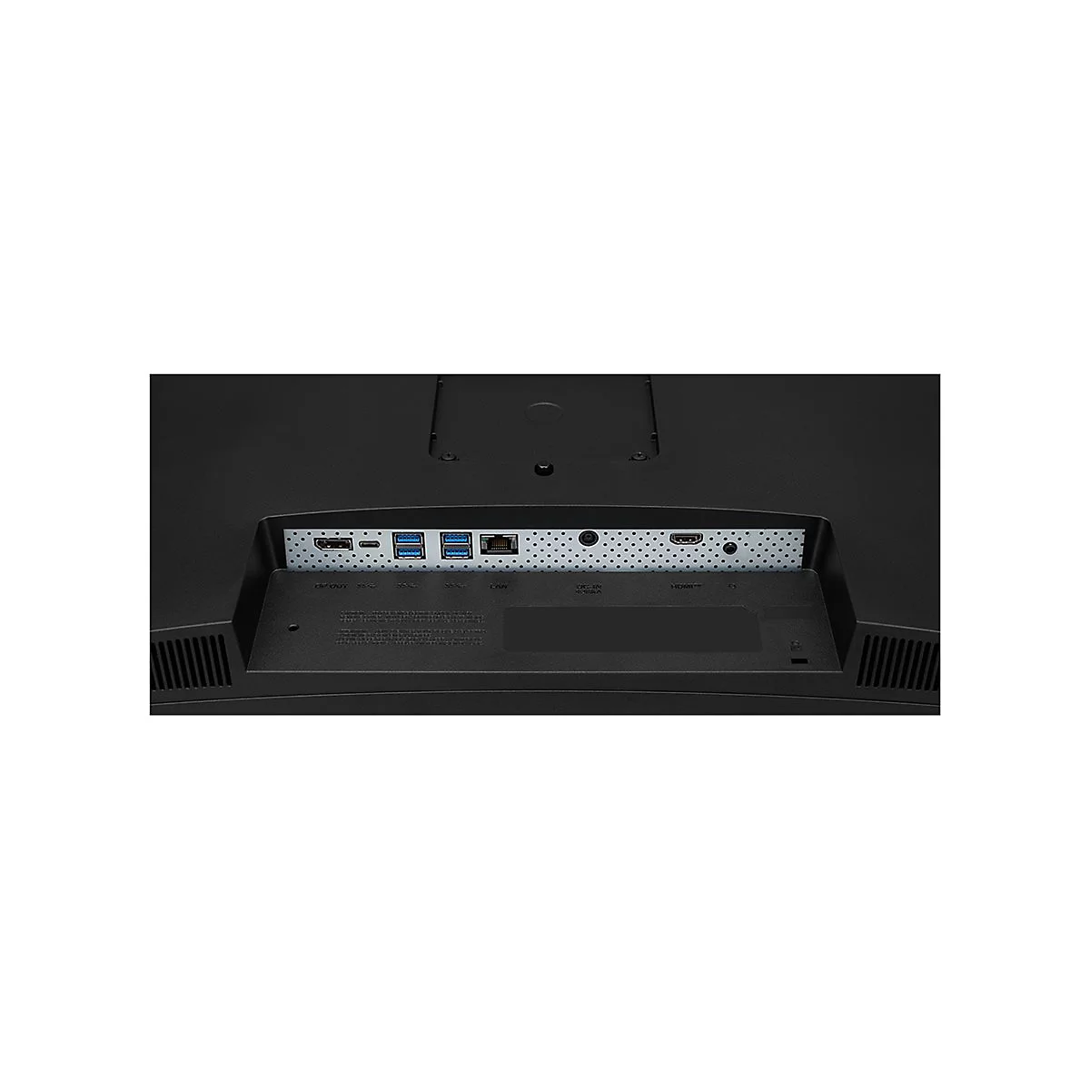 Rückseite eines schwarzen Monitors mit Anschlüssen für HDMI, USB und Ethernet.