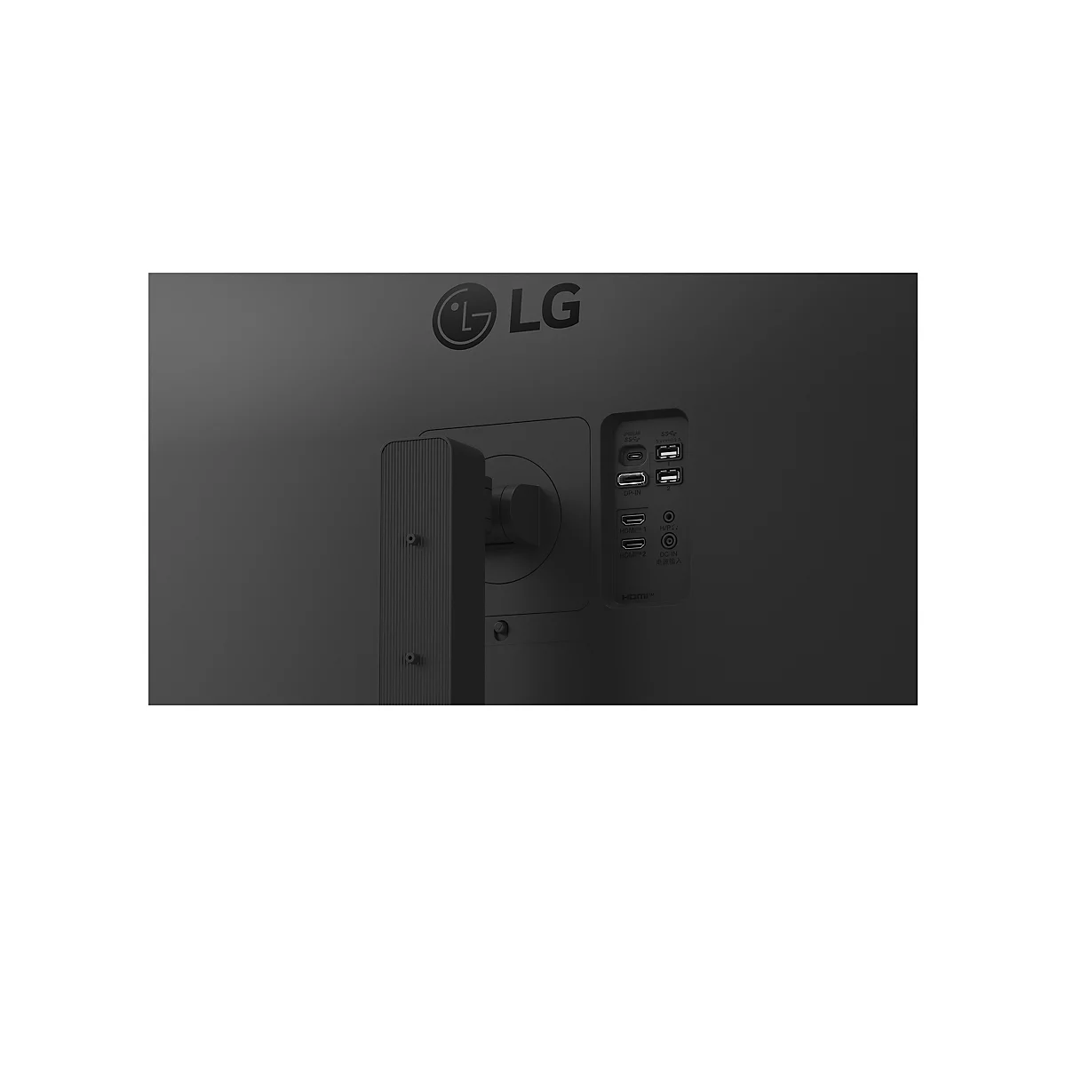 Vue arrière d'un moniteur LG noir avec son support et divers ports de connexion.
