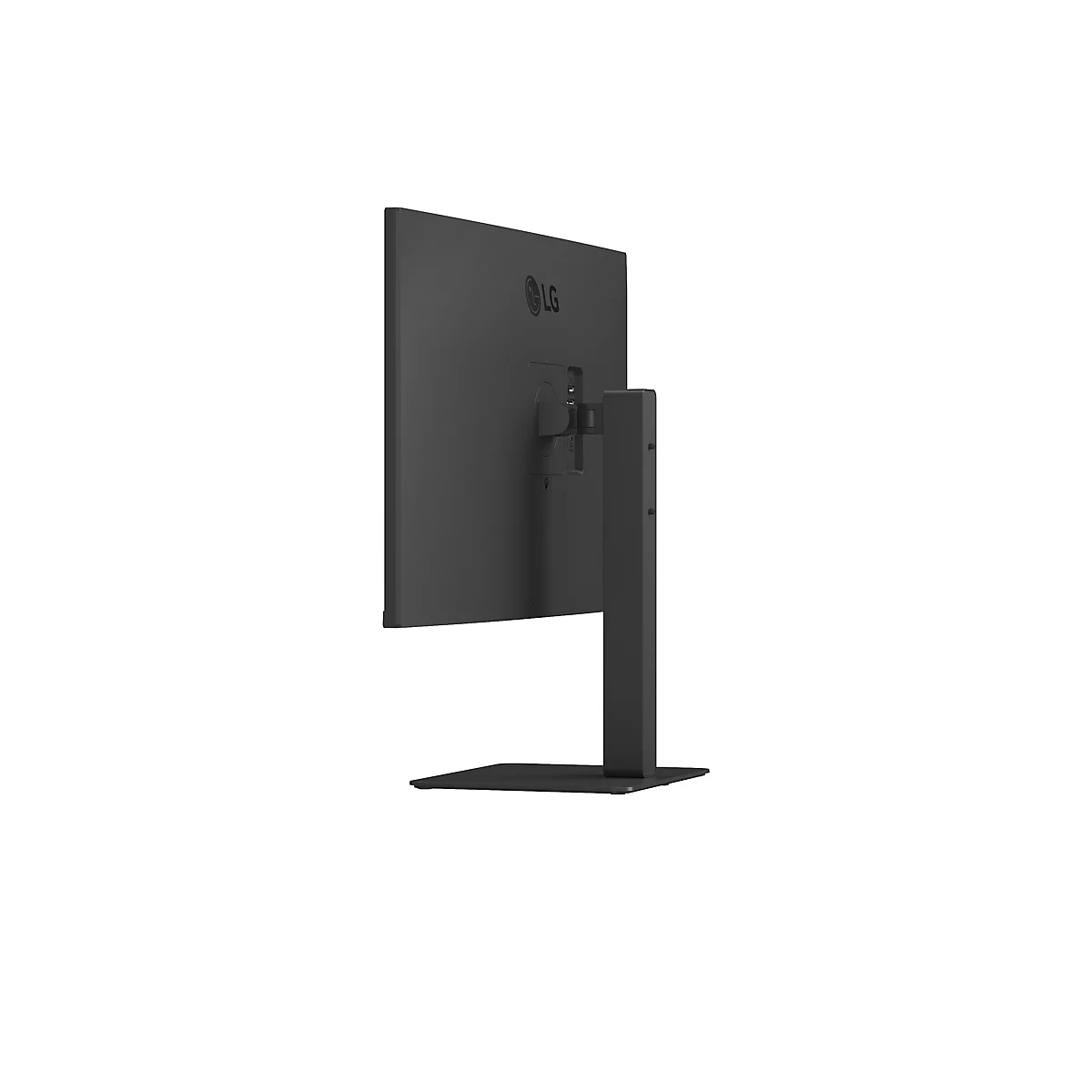 Vue arrière d'un écran LG noir avec un pied minimaliste sur fond blanc.