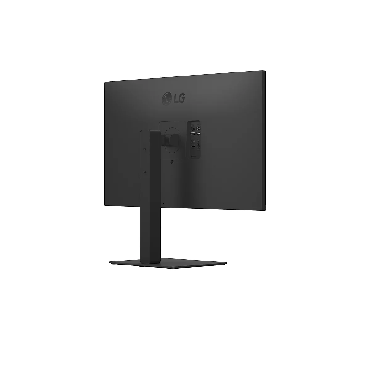 Vue arrière d'un écran d'ordinateur LG noir sur un pied, sur fond blanc.