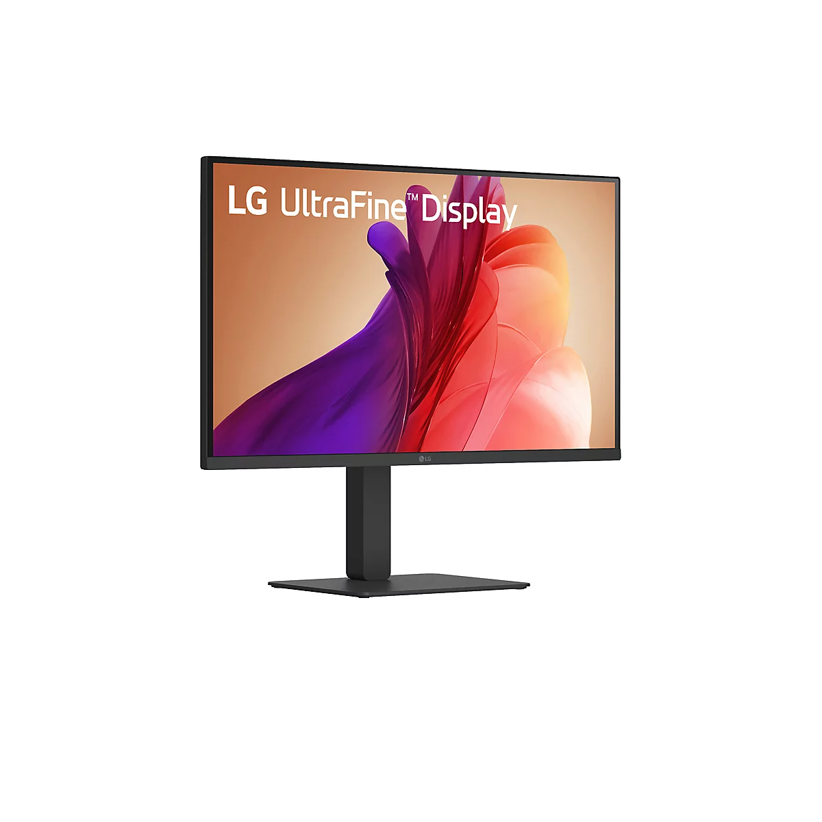 Moniteur noir LG UltraFine sur support plat sur fond blanc.