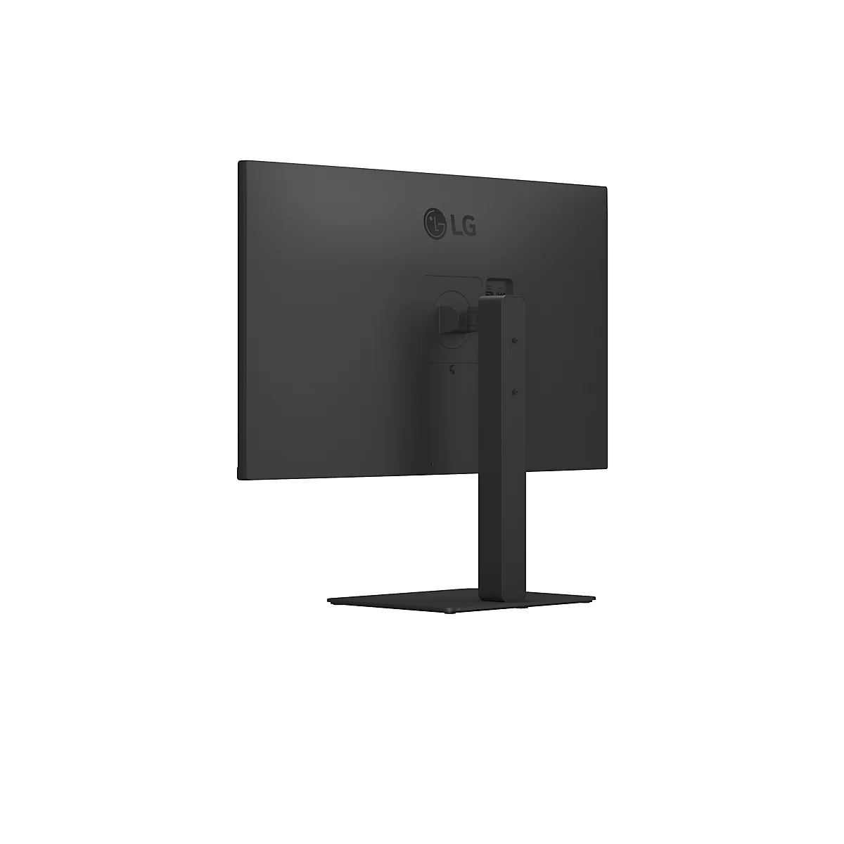 Vue arrière d'un écran LG noir avec un pied minimaliste sur fond blanc.