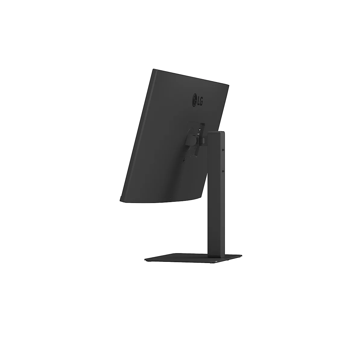 Vue arrière d'un moniteur LG noir avec support ergonomique sur fond blanc.