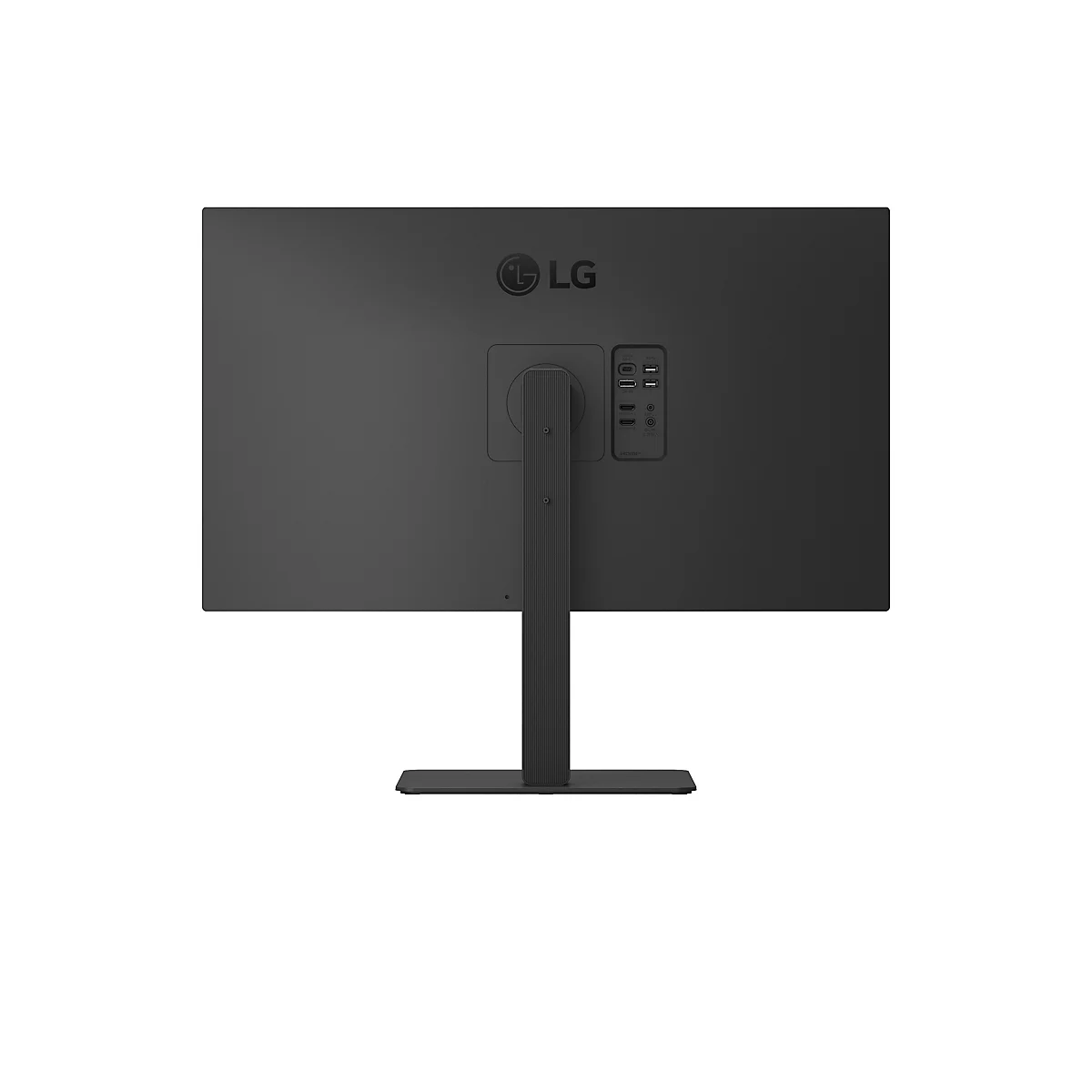 Vue arrière d'un moniteur LG noir avec un pied stable sur un fond neutre.