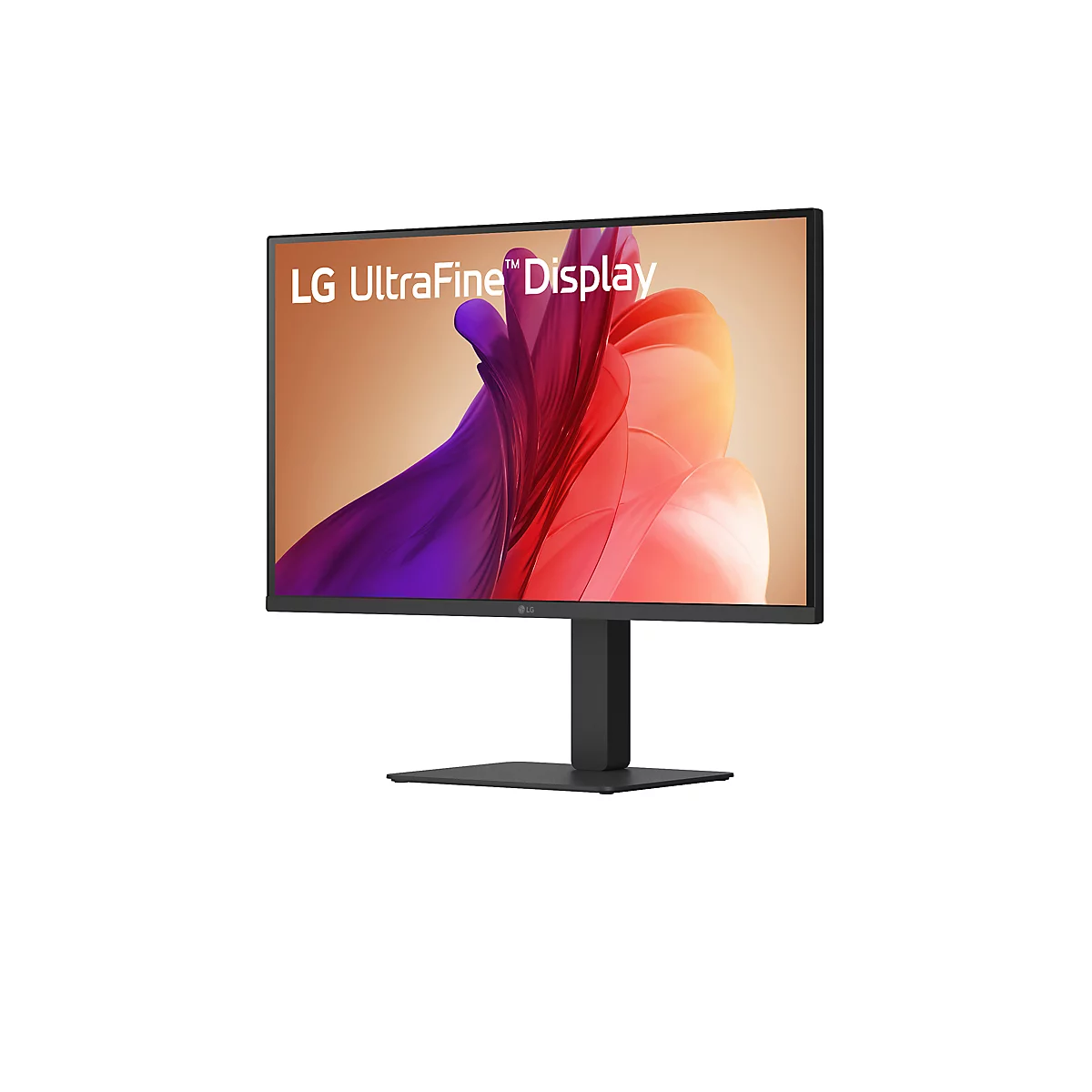 Moniteur LG UltraFine noir sur pied avec un fond abstrait et coloré.