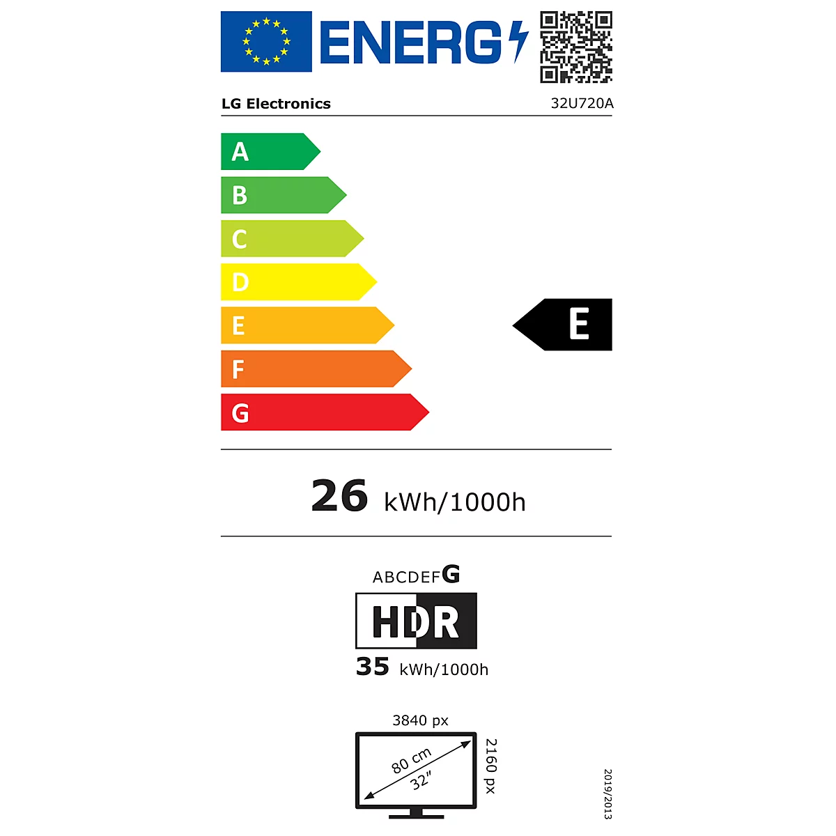 Étiquette énergie UE pour écran LG, classe énergétique E, consommation 26 kWh/1000h.