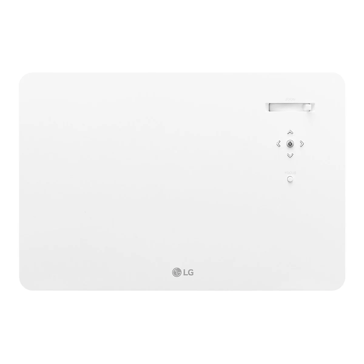 Ein weißer LG-Projektor von oben, mit Bedienelementen und Zoom-Regler. Auf weißem Hintergrund.