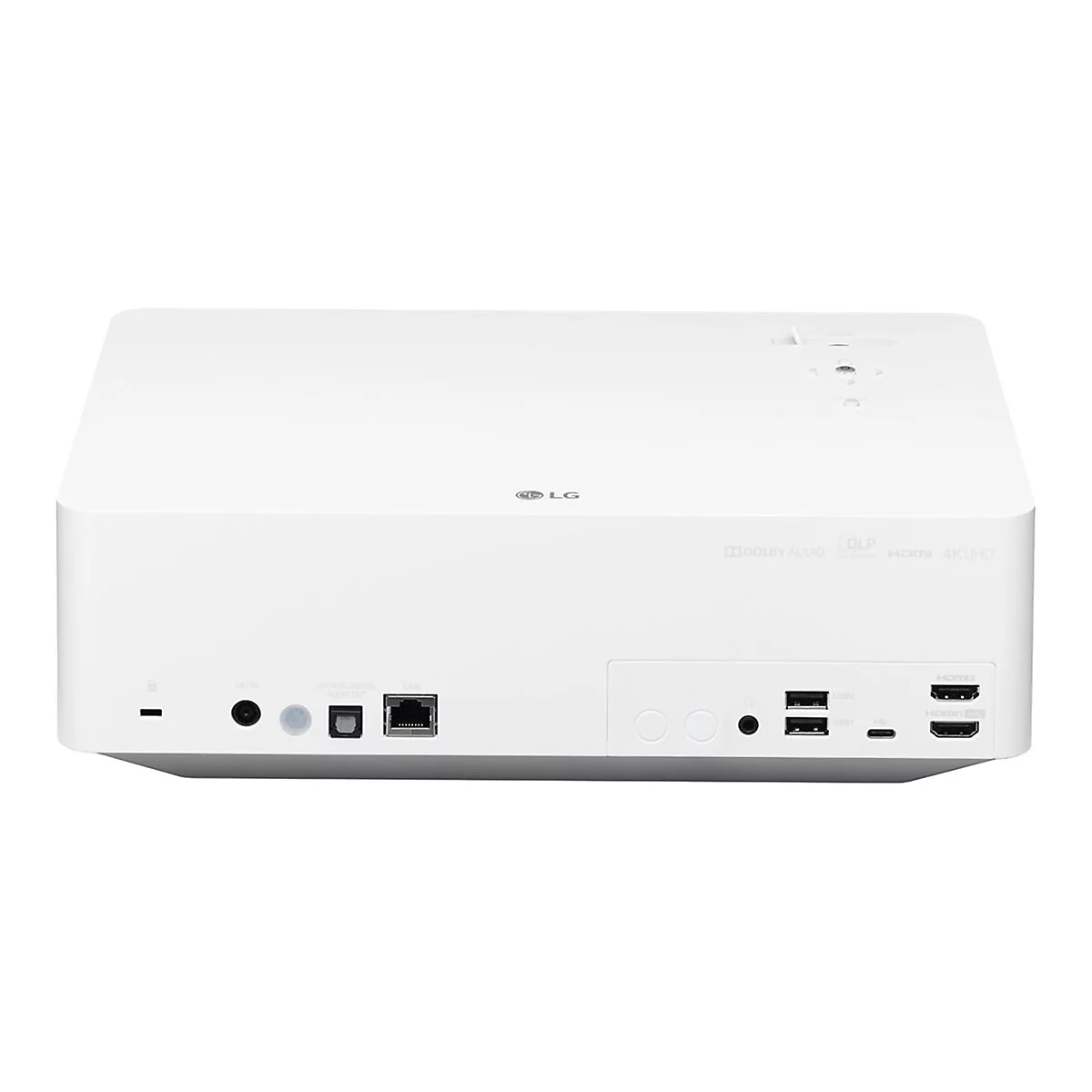 Weißer LG Projektor, Rückseite mit Anschlüssen: HDMI, USB, LAN.