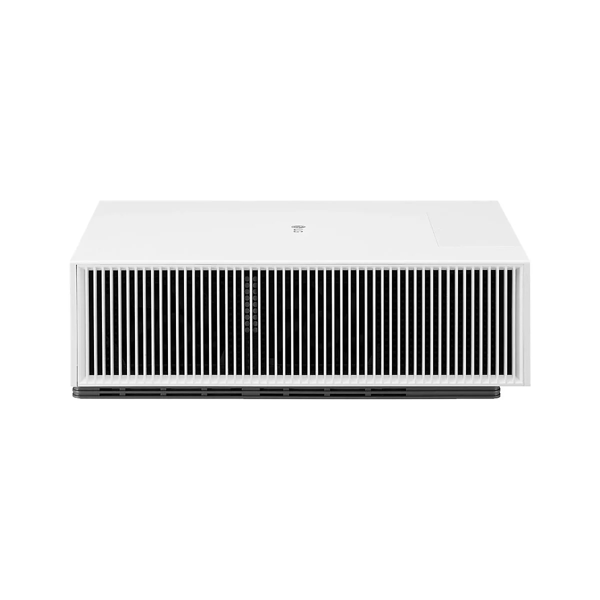 WeiÃŸer Projektor mit schwarzen Lamellen. Auf hellem Hintergrund.