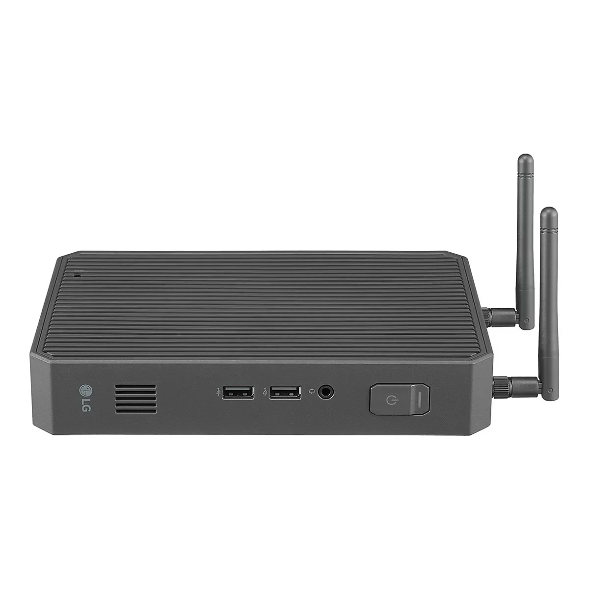 Graues LG-Gerät mit Antennen, USB-Anschlüssen und Ein-/Aus-Schalter.