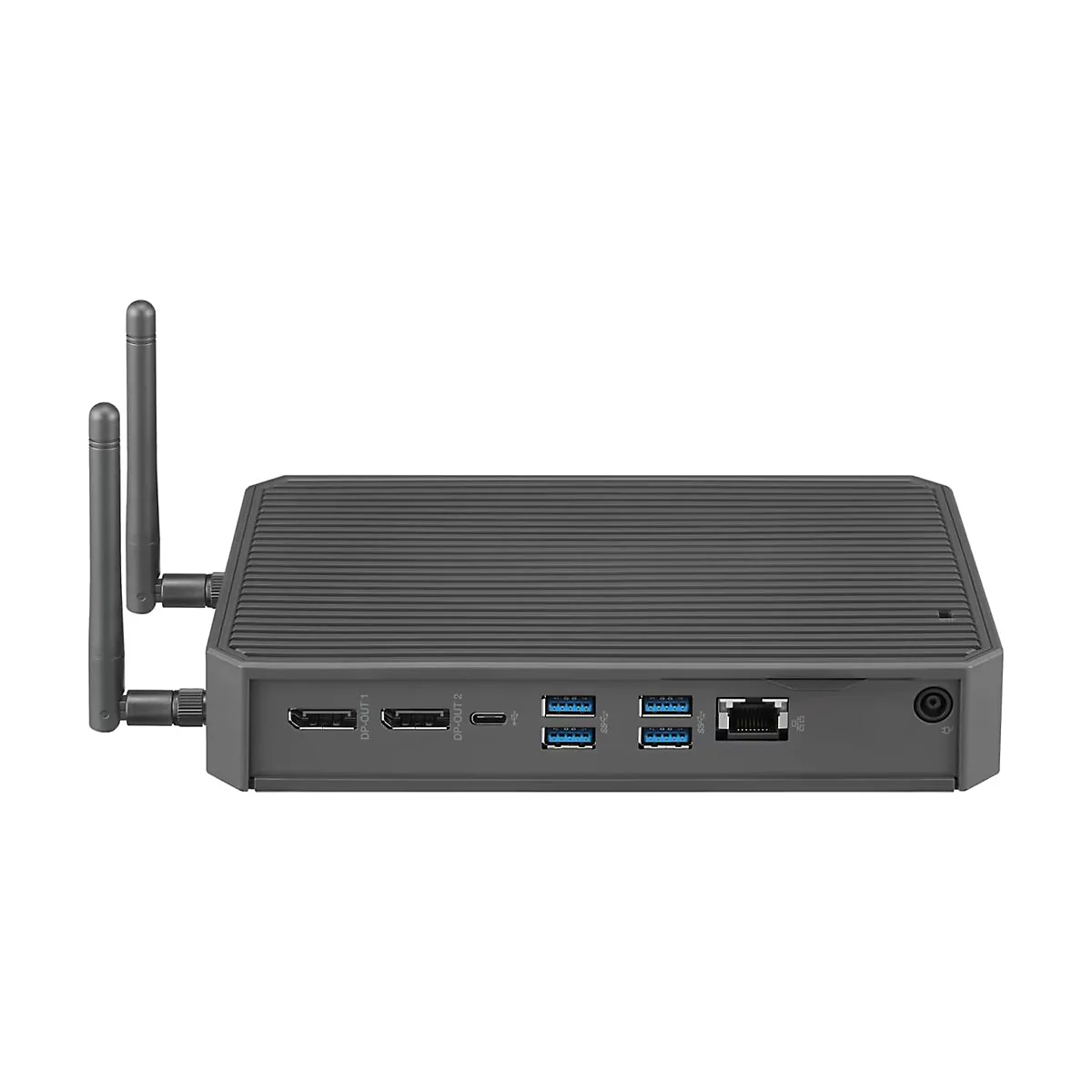 Grauer Mini-PC mit Antennen, seitlich. Auf der Front verschiedene Anschlüsse.