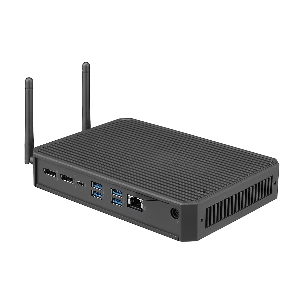 Ein schwarzer Mini-PC mit zwei Antennen, USB-Anschlüssen und Lüftungsschlitzen.