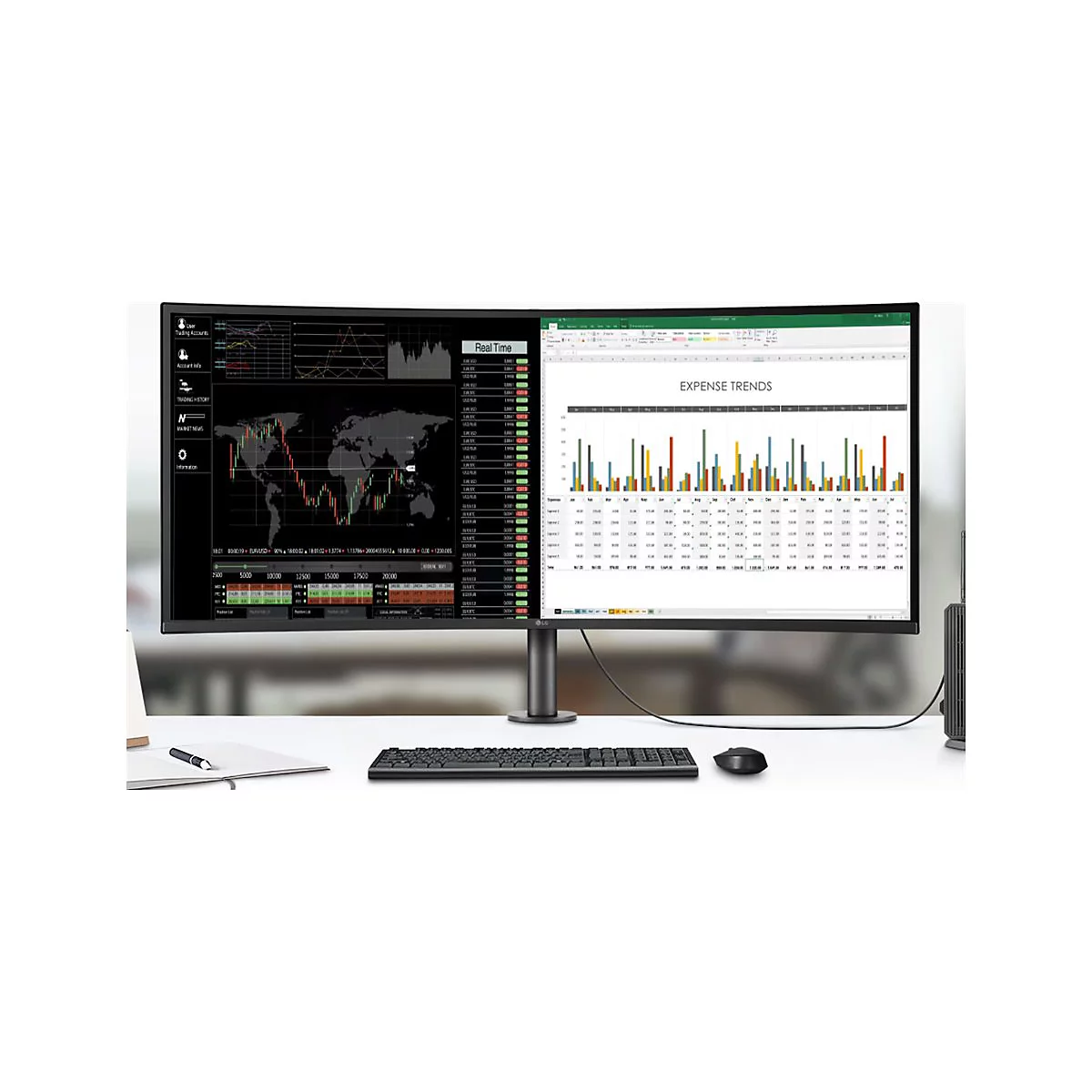 Gebogener LG-Monitor, geteilt in zwei Bildschirme mit Finanzdaten und Tabellen.
