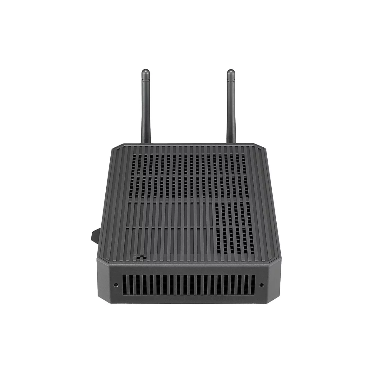 Dunkelgrauer Router mit zwei Antennen, Front- und Oberseite mit Lüftungsschlitzen.