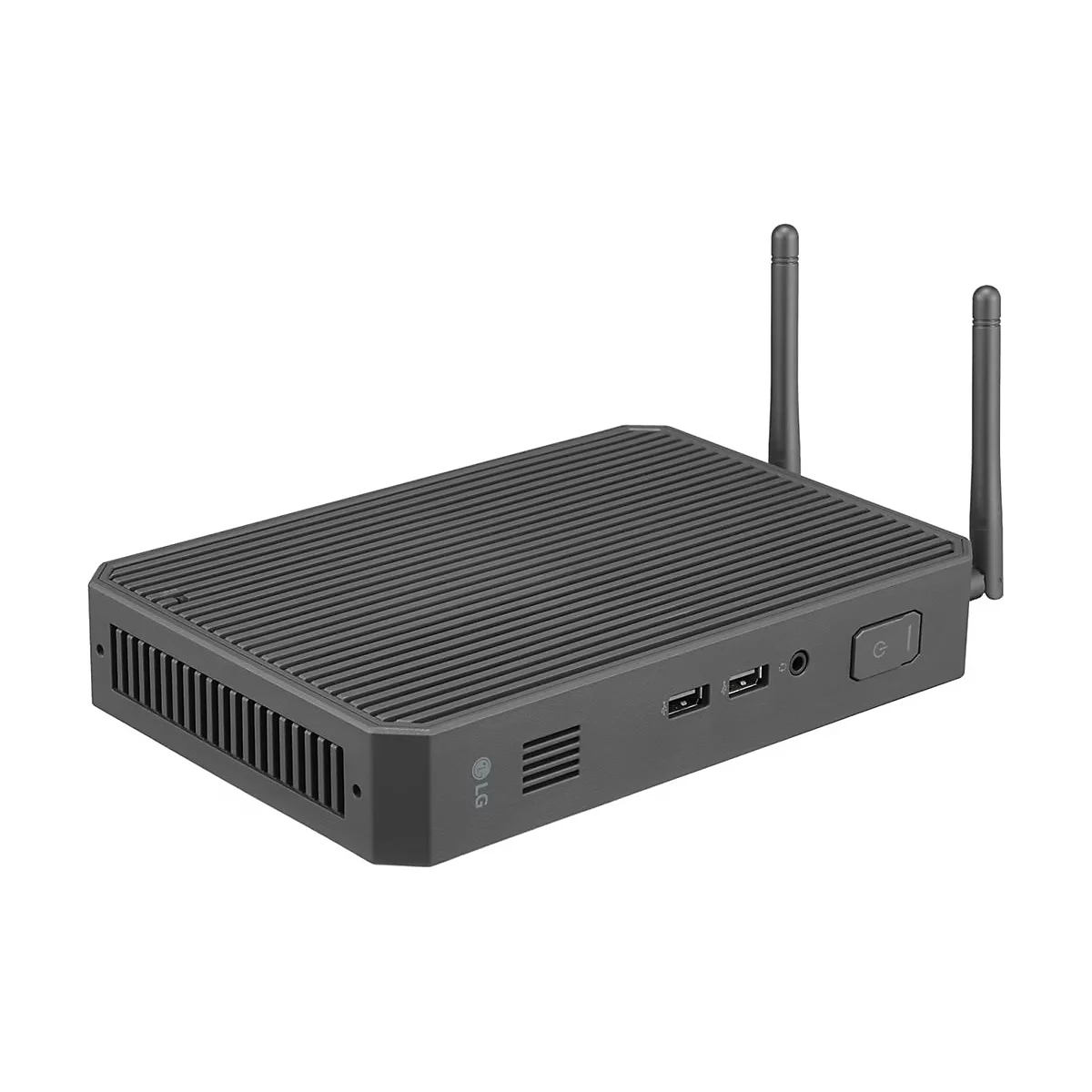 Dunkelgrauer Mini-PC mit geriffelter Oberfläche, Antennen und Anschlüssen, das LG-Logo ist sichtbar.
