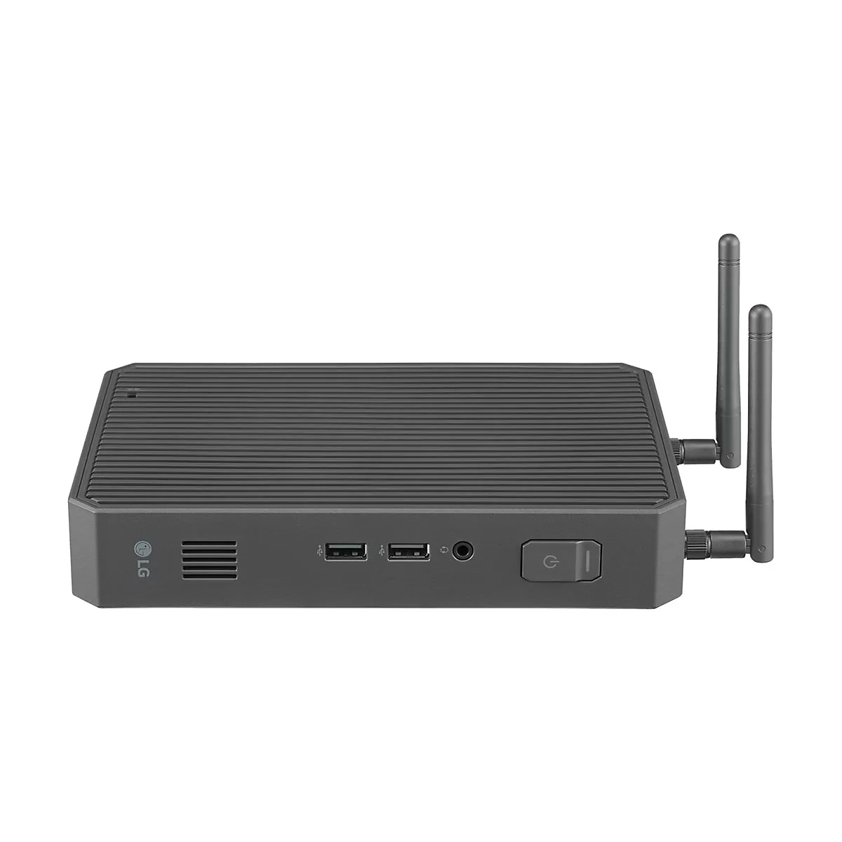 Dunkelgrauer Mini-PC mit zwei Antennen und LG-Logo, Power-Knopf und Anschlüssen.