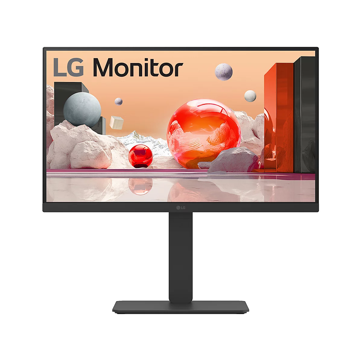 Rückseite eines schwarzen LG Monitors mit Standfuß. Das LG Logo ist oben mittig platziert.