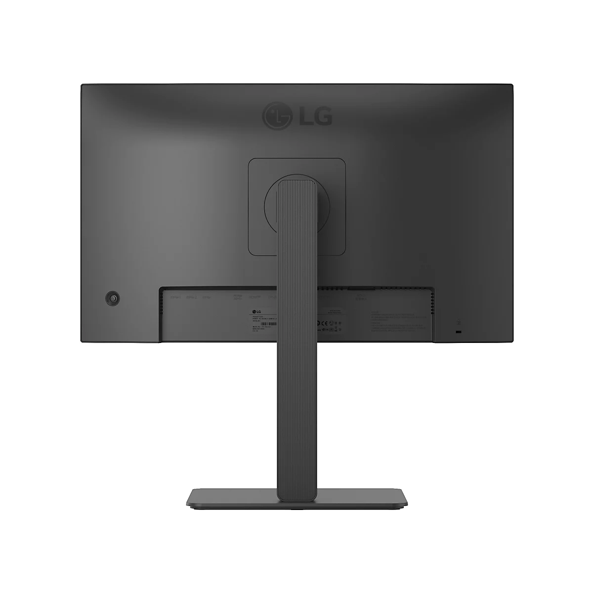 Rückseite eines schwarzen LG-Monitors; Standfuß, Anschlüsse, und LG-Logo sind sichtbar.