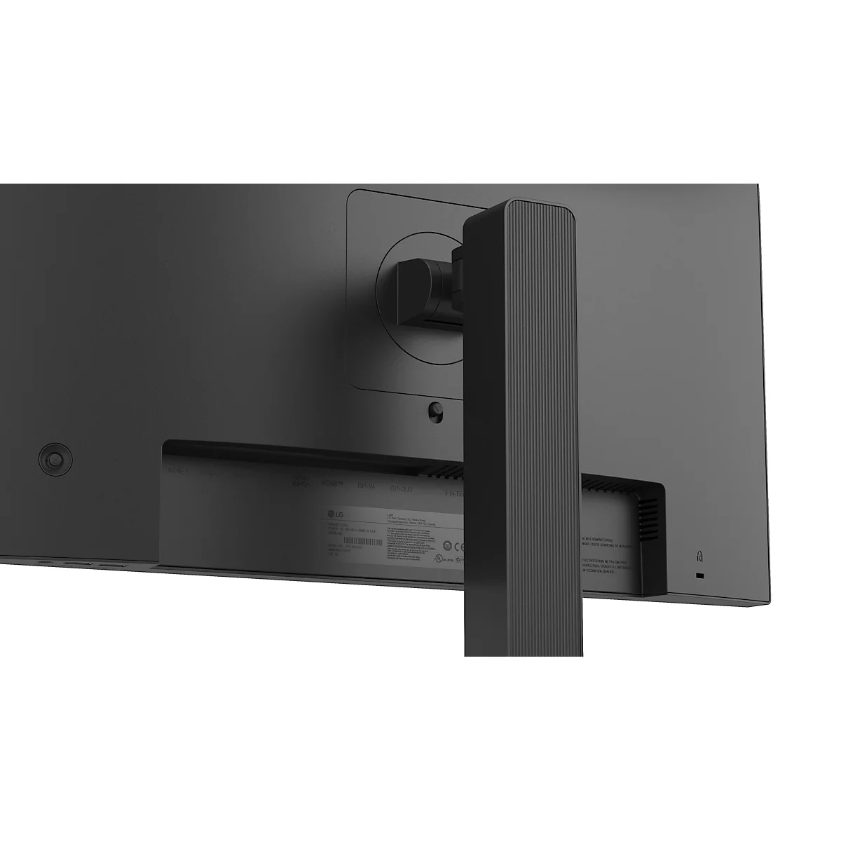 Schwarzer LG Monitor mit Standfuß vor weißem Hintergrund. Auf dem Display sind abstrakte Formen zu sehen.