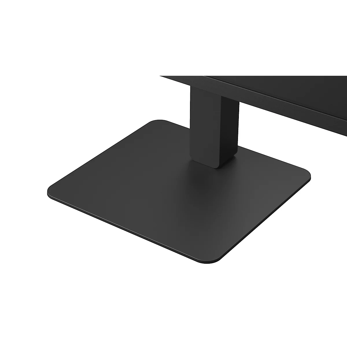 Ein schwarzer LG-Monitor von hinten, auf einem weißen Hintergrund. Der Monitor ist auf einem schwarzen Standfuß befestigt.