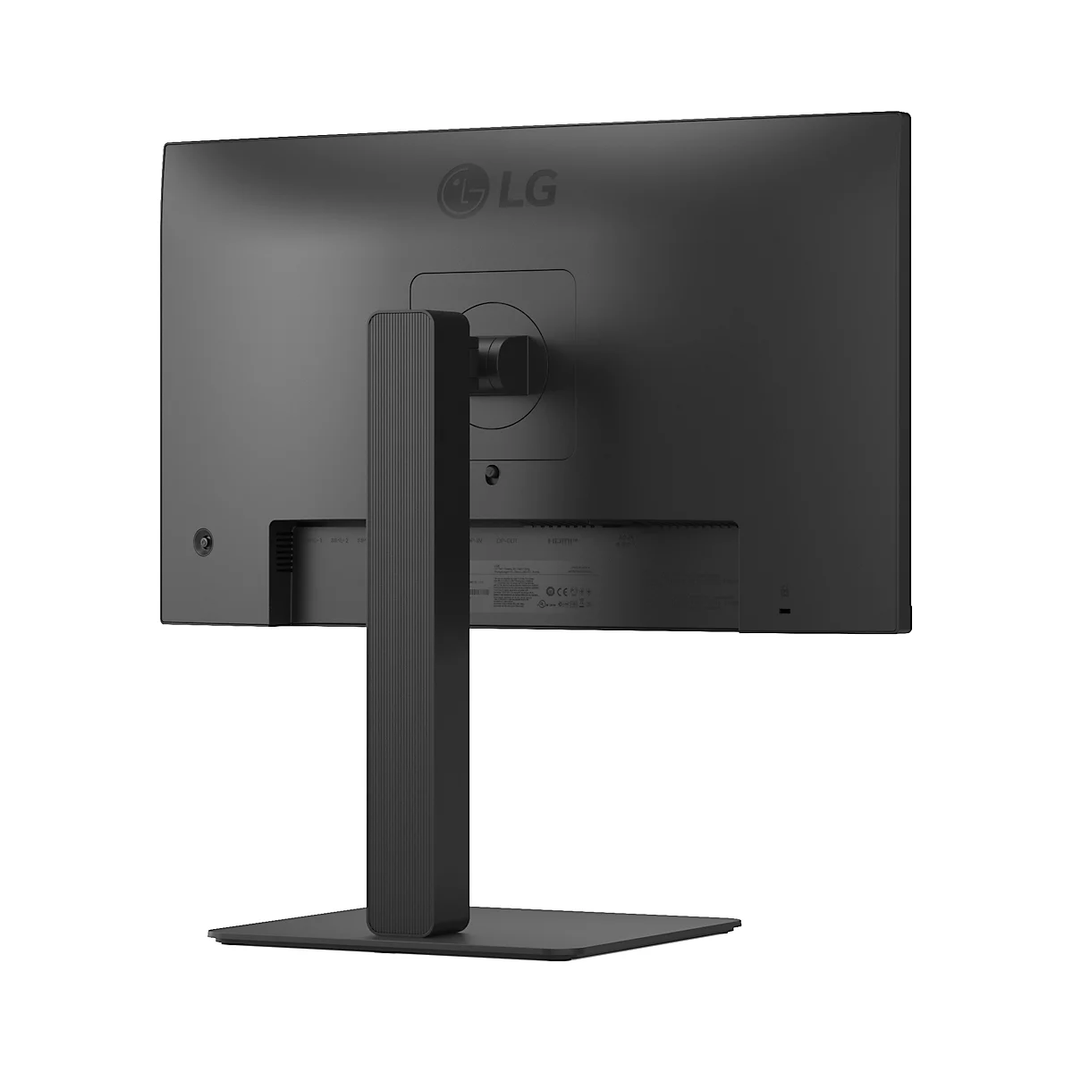 Rückseite eines schwarzen LG-Monitors mit Standfuß.