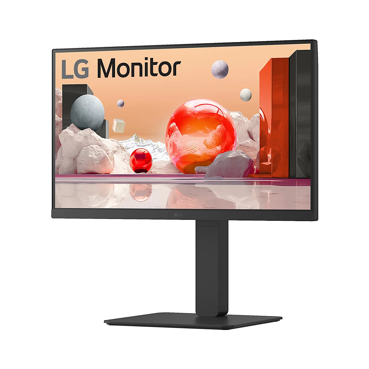 Ein schwarzer LG-Monitor. Auf dem Bildschirm eine abstrakte Darstellung mit Kugeln und Quader-Formen. Oben links steht „LG Monitor“.