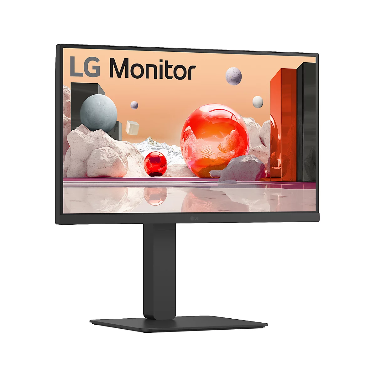 Ein schwarzer LG-Monitor mit Standfuß vor weißem Hintergrund, das Display zeigt eine abstrakte Komposition.