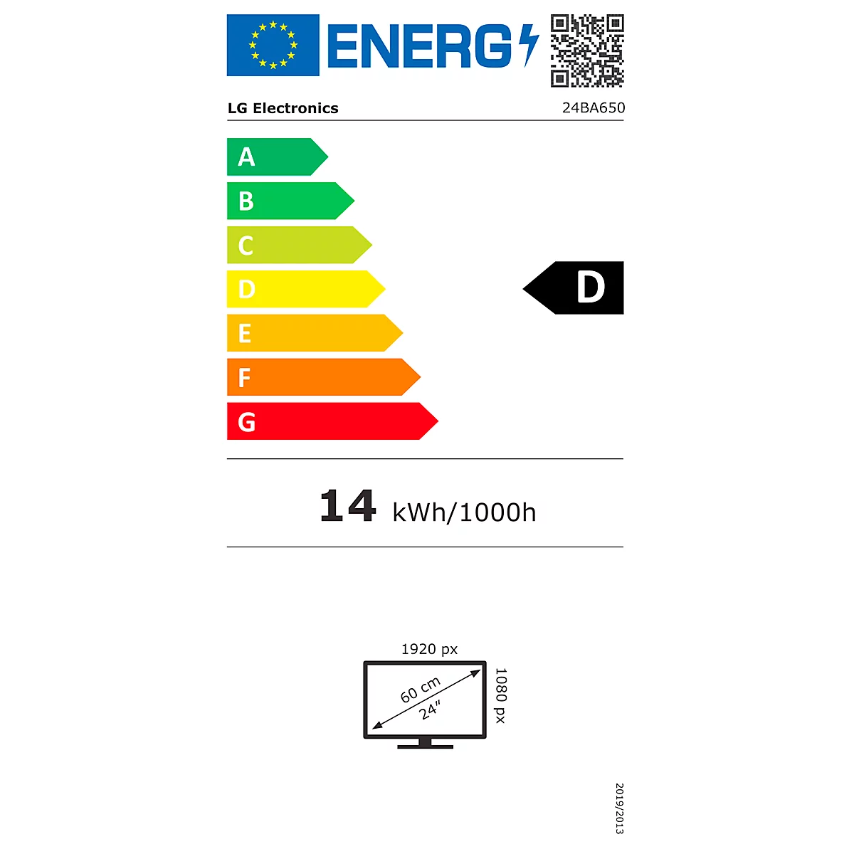 Energielabel eines Fernsehers mit den Klassen A-G und der Energieeffizienz D. Die Daten zeigen 14 kWh/1000h sowie Maße und Auflösung.