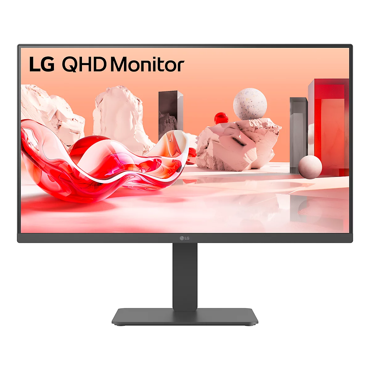 LG QHD Monitor mit schwarzem Rahmen und Standfuß. Der Bildschirm zeigt eine abstrakte, farbenfrohe Grafik.