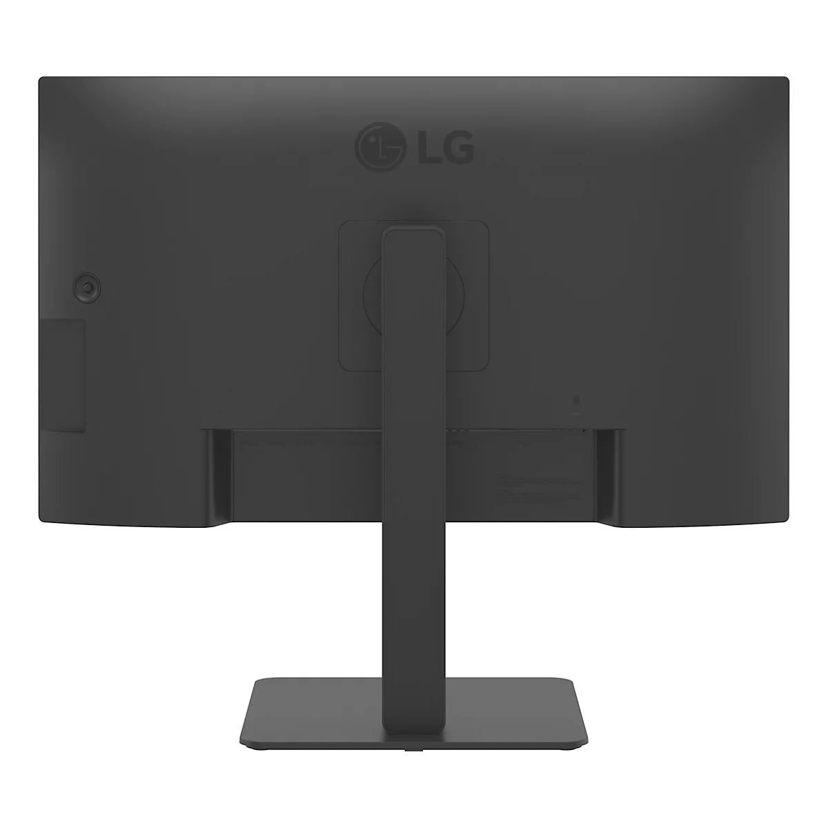 Rückseite eines schwarzen LG-Monitors. Oben rechts das LG-Logo, unten Standfuß.