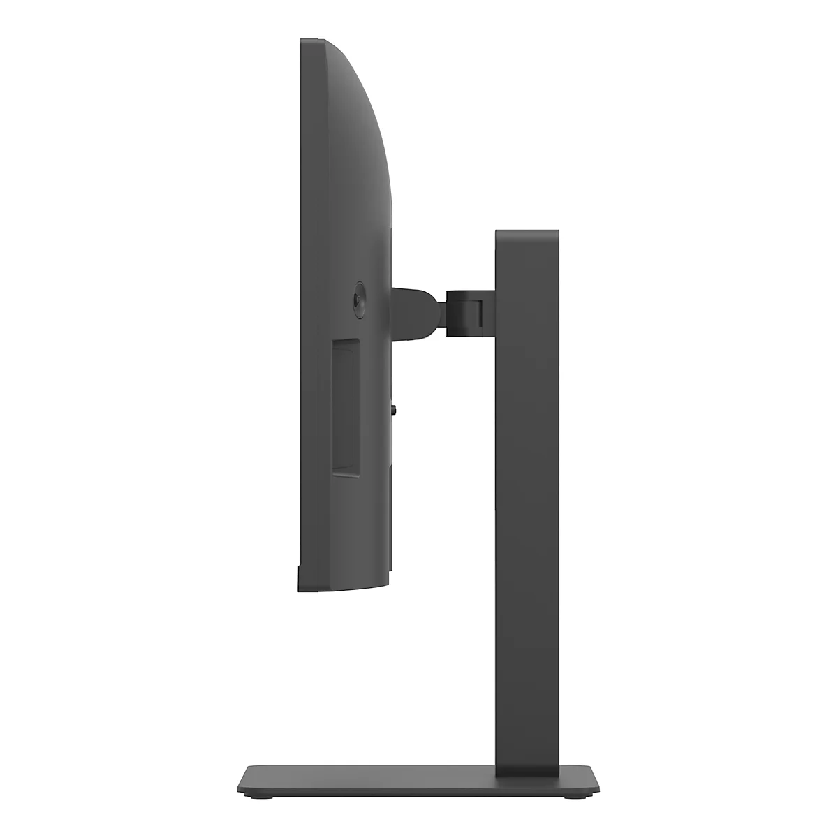 Seitenansicht eines schwarzen Monitors mit Standfuß, der auf einer weißen Oberfläche steht.