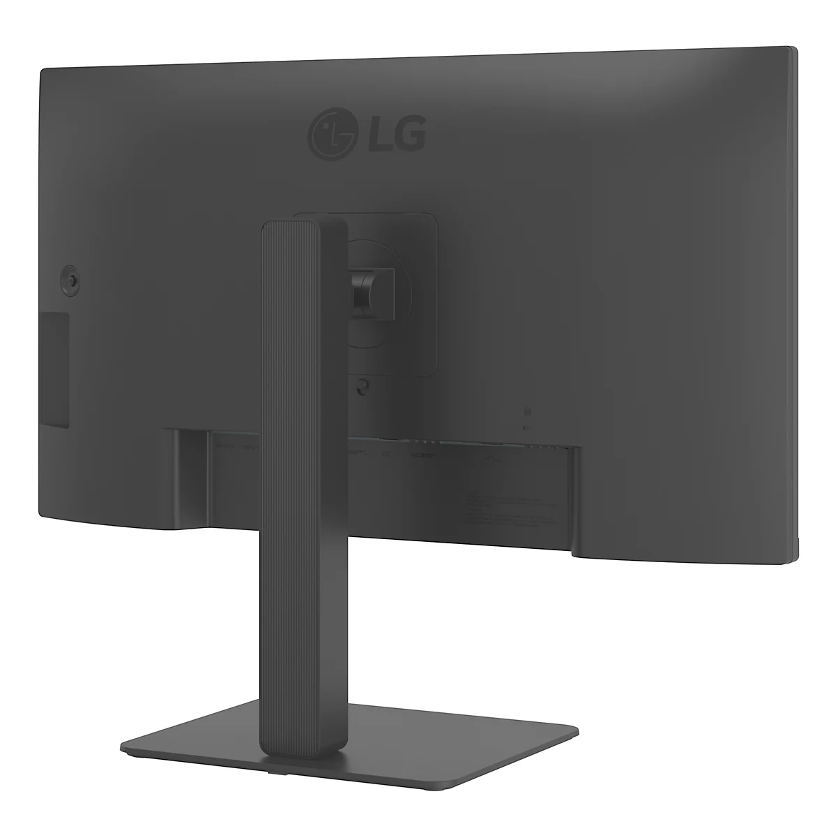 Der hintere Teil eines schwarzen Monitors mit dem LG-Logo. Der Monitor steht auf einem quadratischen Standfuß.