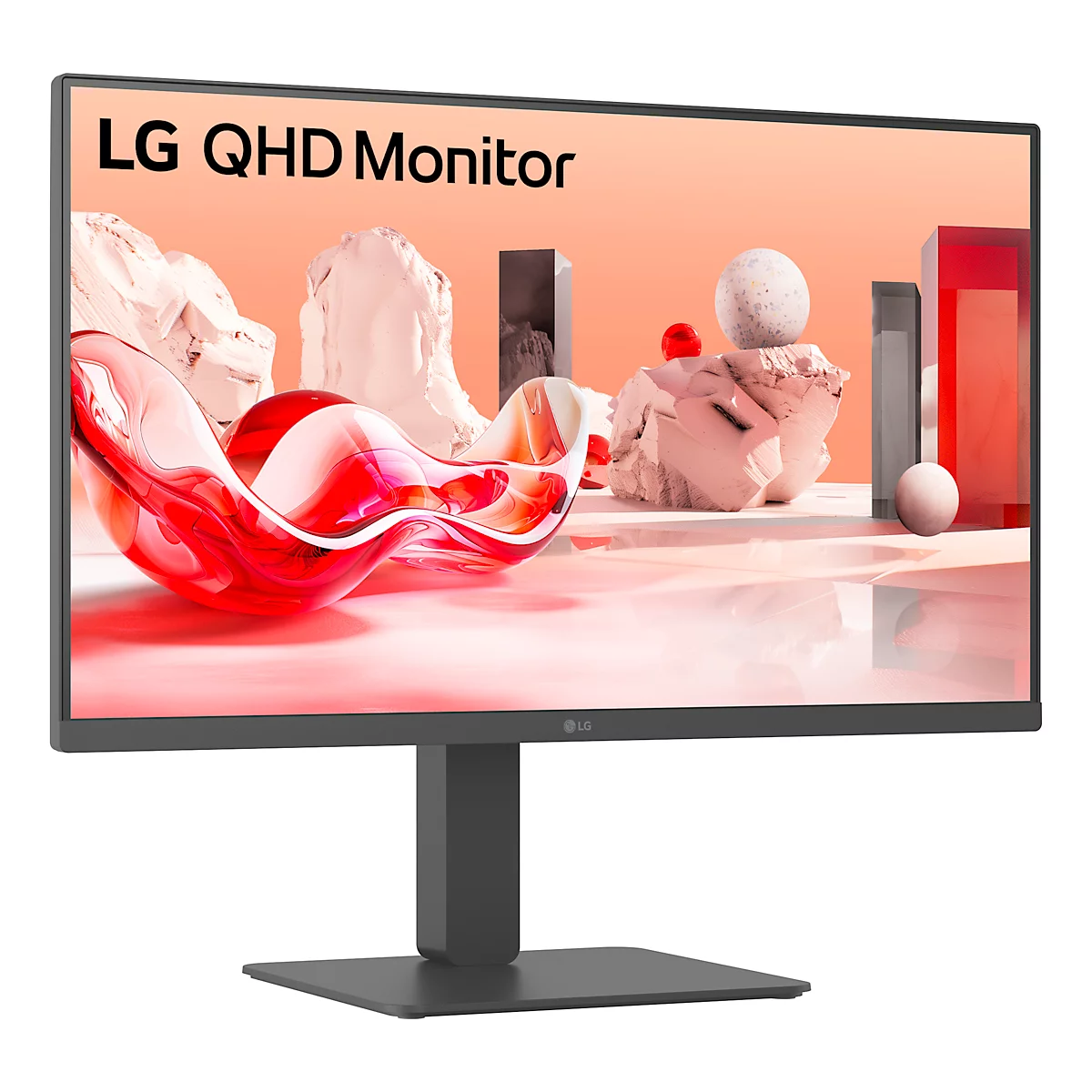 Ein schwarzer LG QHD Monitor mit Standfuß, vor einem abstraktem Hintergrund. Oben links: LG QHD Monitor.