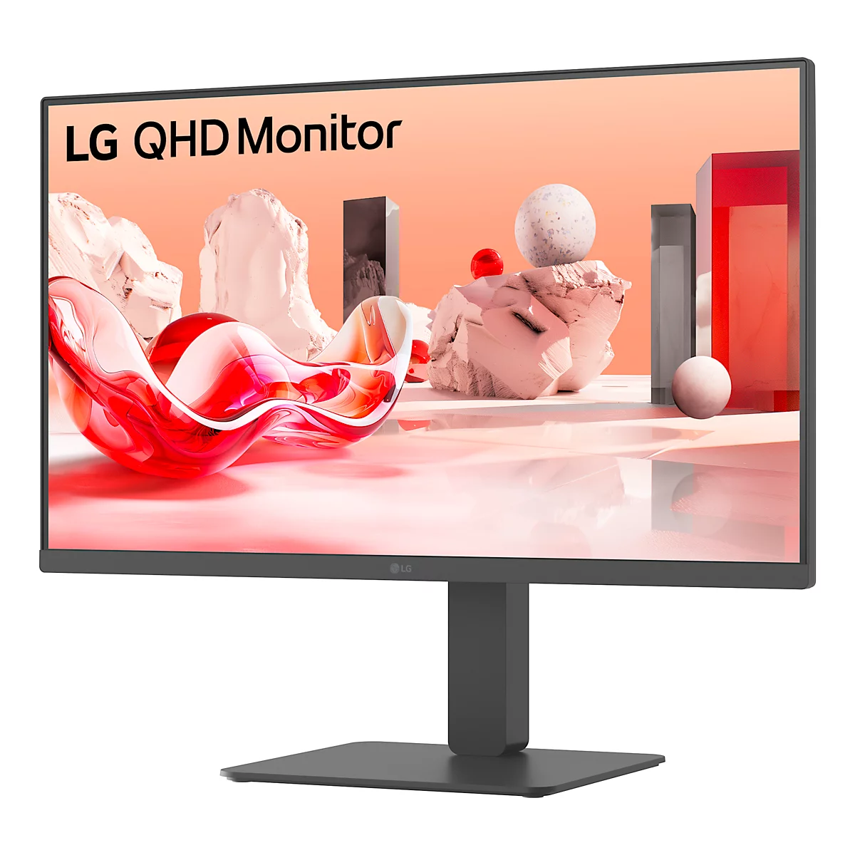 Ein LG QHD Monitor mit schwarzem Rahmen und Standfuß, auf dem Bildschirm eine abstrakte Darstellung.
